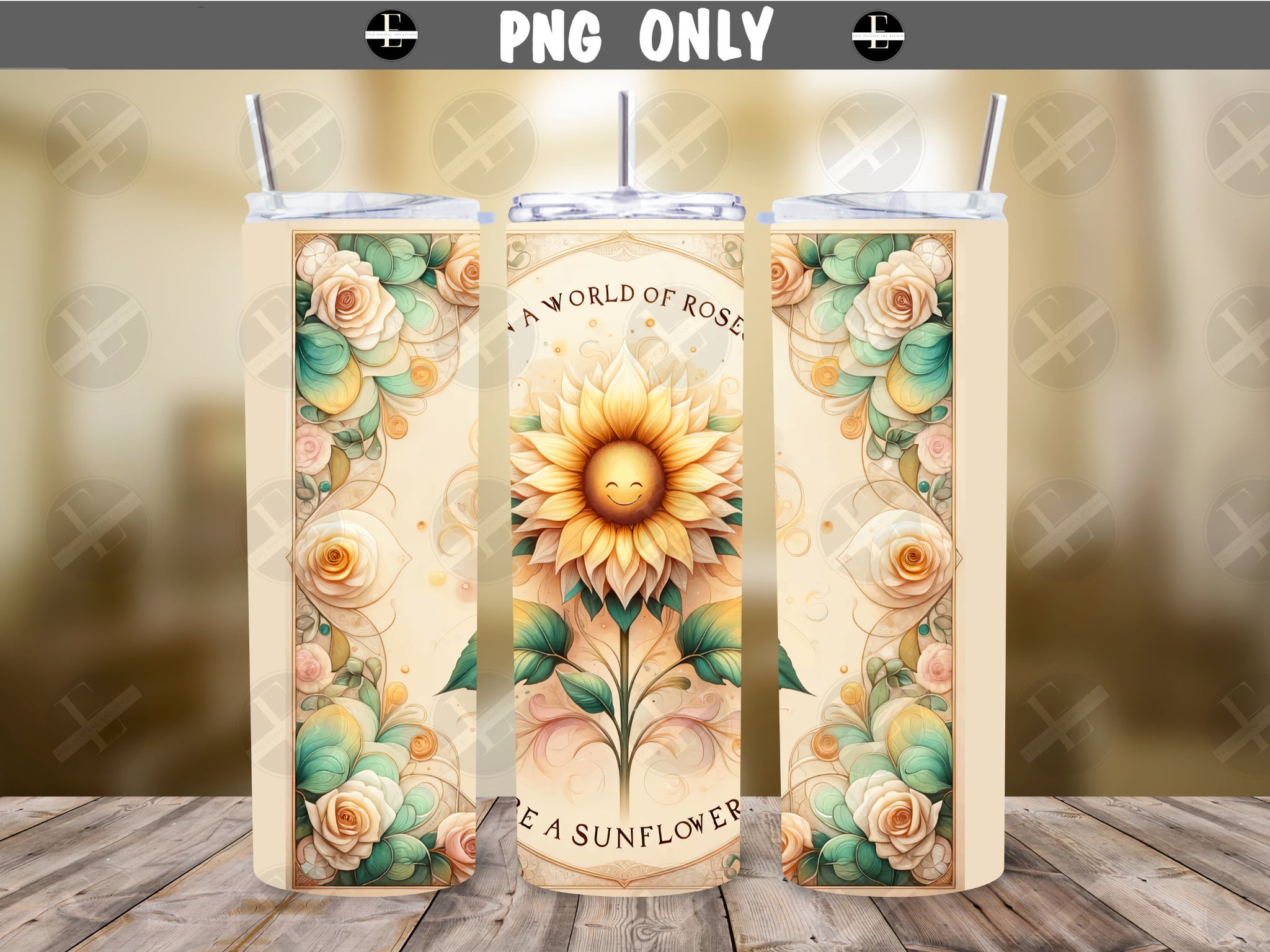 In a World of Roses Be a Sunflower Tumbler Design - Motivational Tumbler Wrap - Sublimation Designs Straight & Tapered - Instant Download