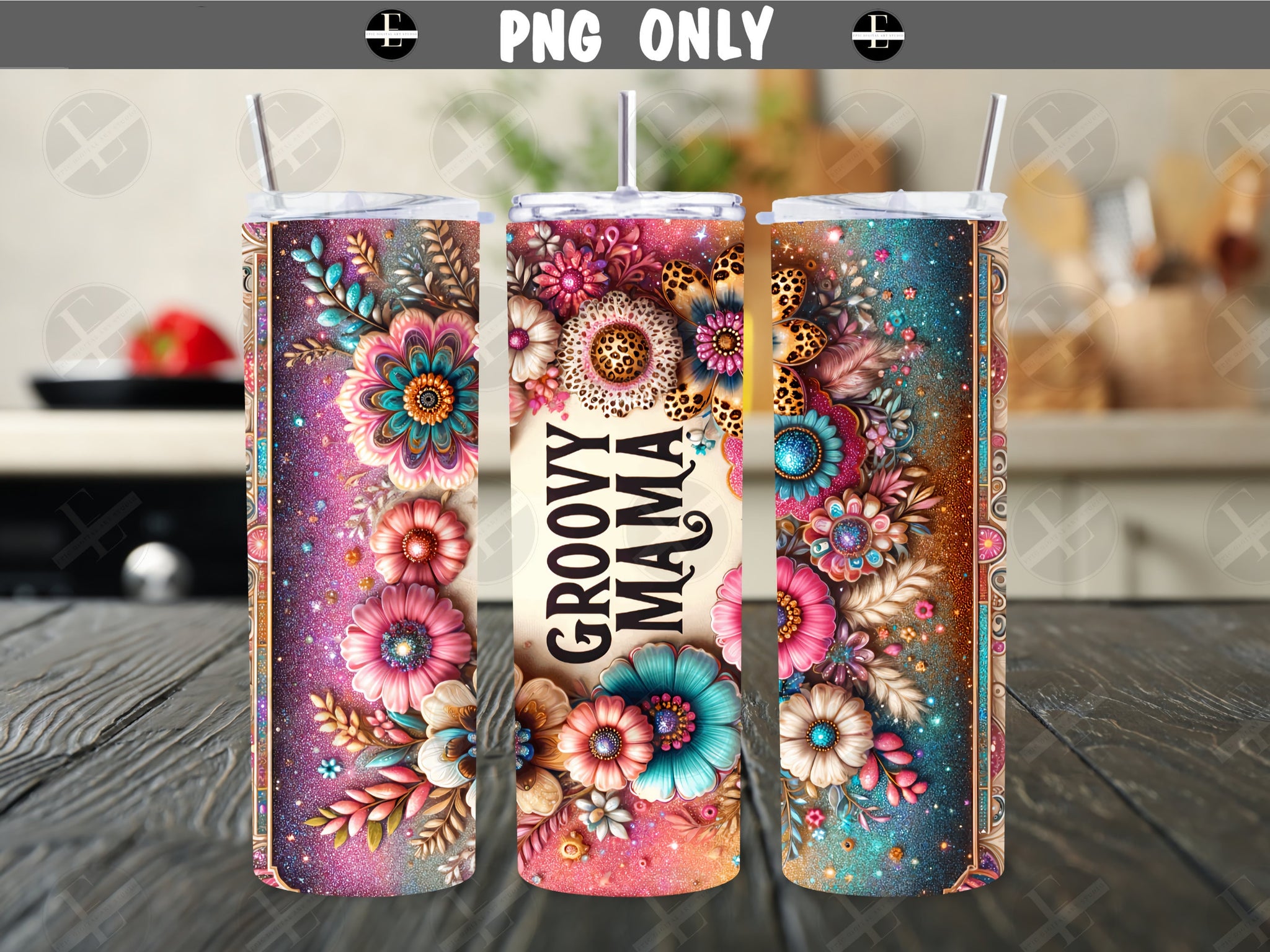 20ozs Wrap Design - Groovy Mama Retro Floral Skinny Tumbler Wrap Design - Tumbler Sublimation Designs Straight & Tapered - Instant Download
