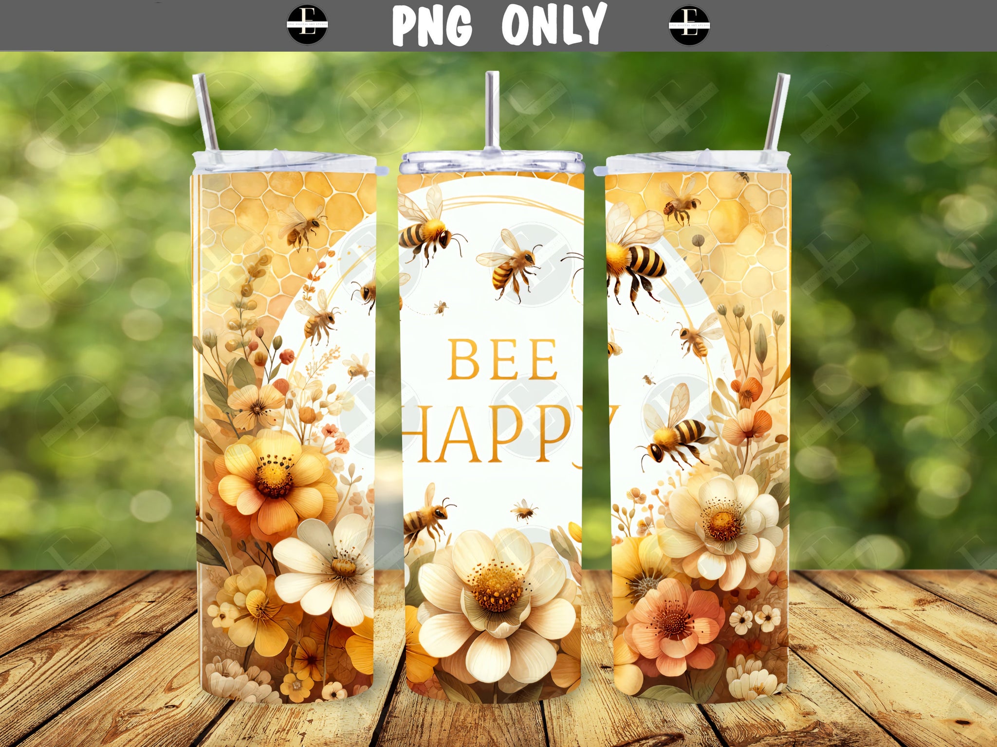 Inspirational Tumbler Wraps - Bee Happy Skinny Tumbler Design - Tumbler Sublimation Designs Straight & Tapered - Instant Download