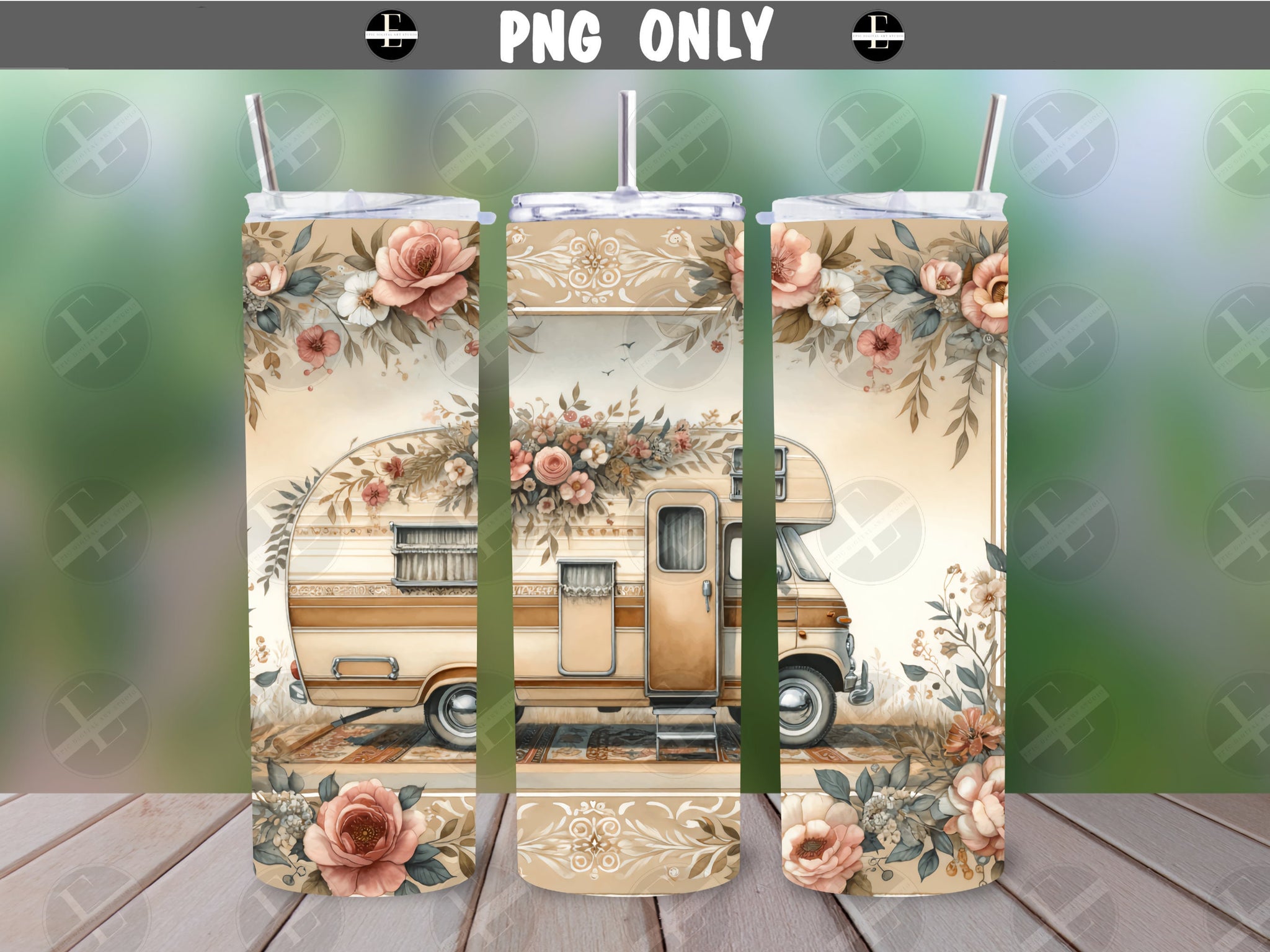 Vintage Camper Wrap Design - Floral Skinny Tumbler Wrap Design - Tumbler Sublimation Designs Straight & Tapered - Instant Download