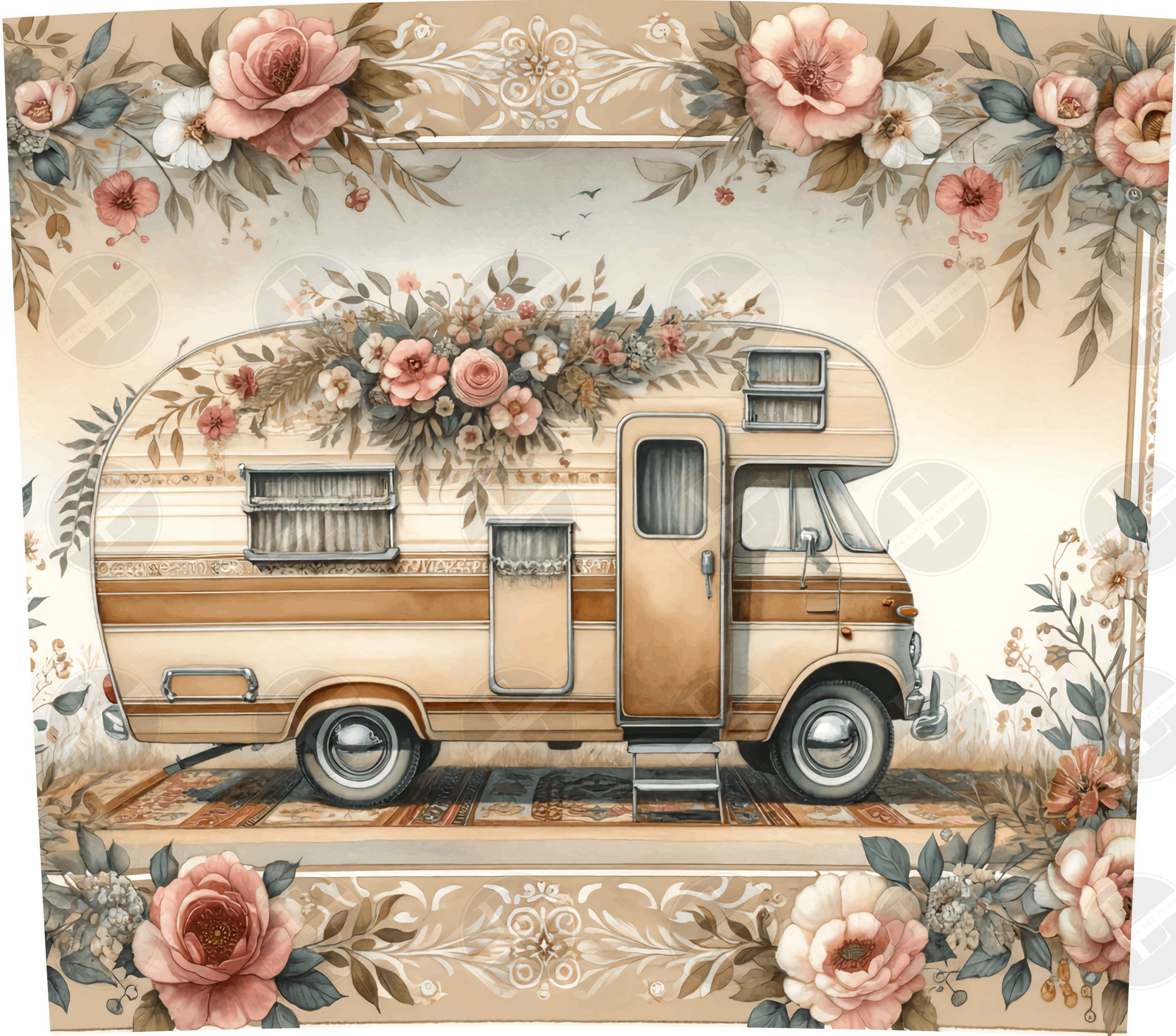 Vintage Camper Wrap Design - Floral Skinny Tumbler Wrap Design - Tumbler Sublimation Designs Straight & Tapered - Instant Download