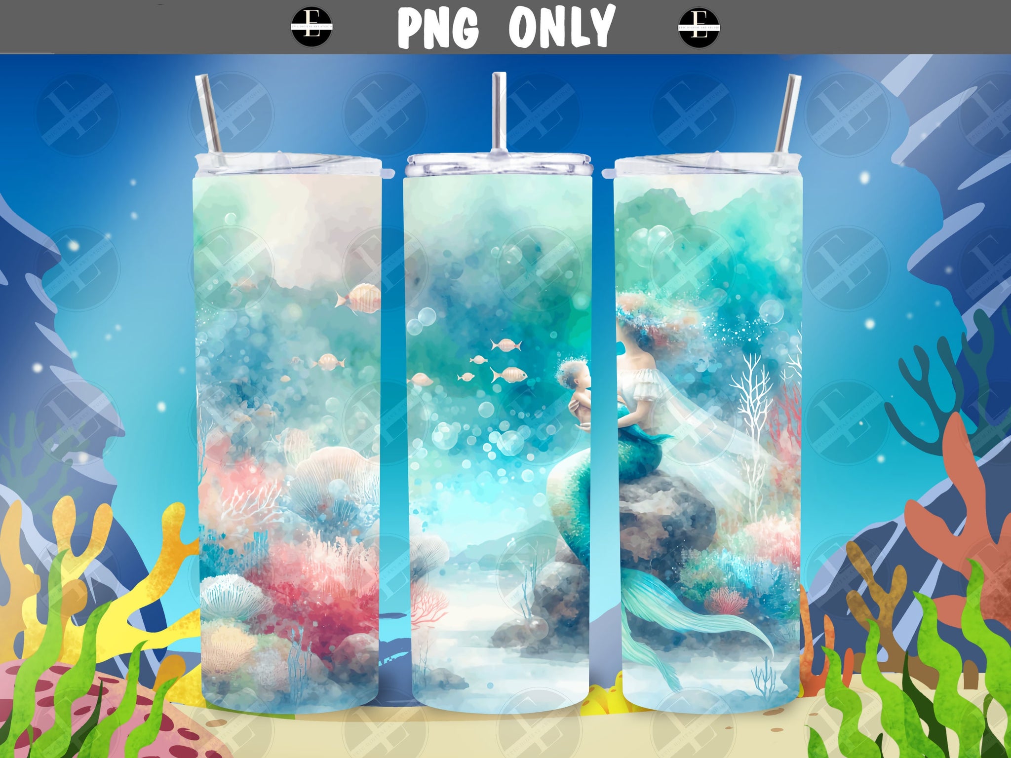 Mermaid Tumbler Wraps - Watercolor Mermaid and Baby Skinny Tumbler Wrap - Tumbler Sublimation Designs Straight & Tapered - Instant Download