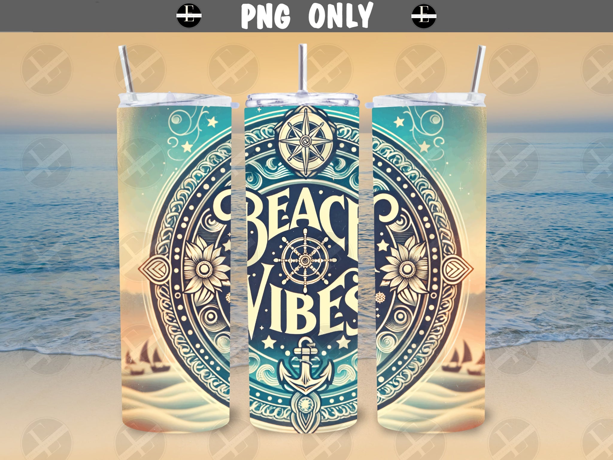 Beach Tumbler Wraps - Beach Vibes Skinny Tumbler Wrap - Tumbler Sublimation Designs Straight & Tapered - Instant Download