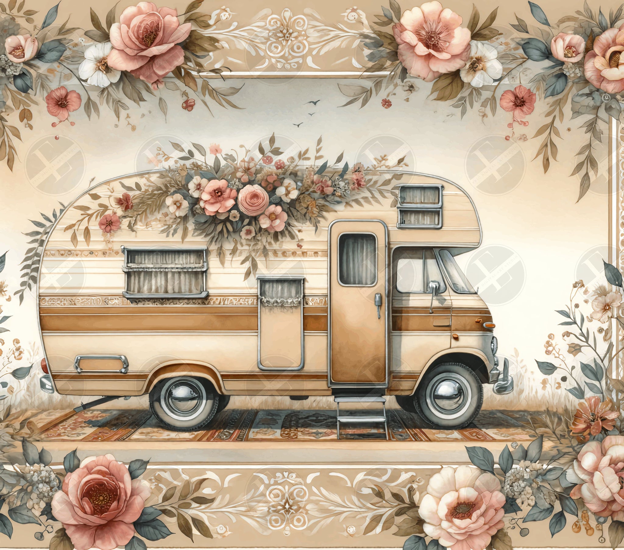 Vintage Camper Wrap Design - Floral Skinny Tumbler Wrap Design - Tumbler Sublimation Designs Straight & Tapered - Instant Download