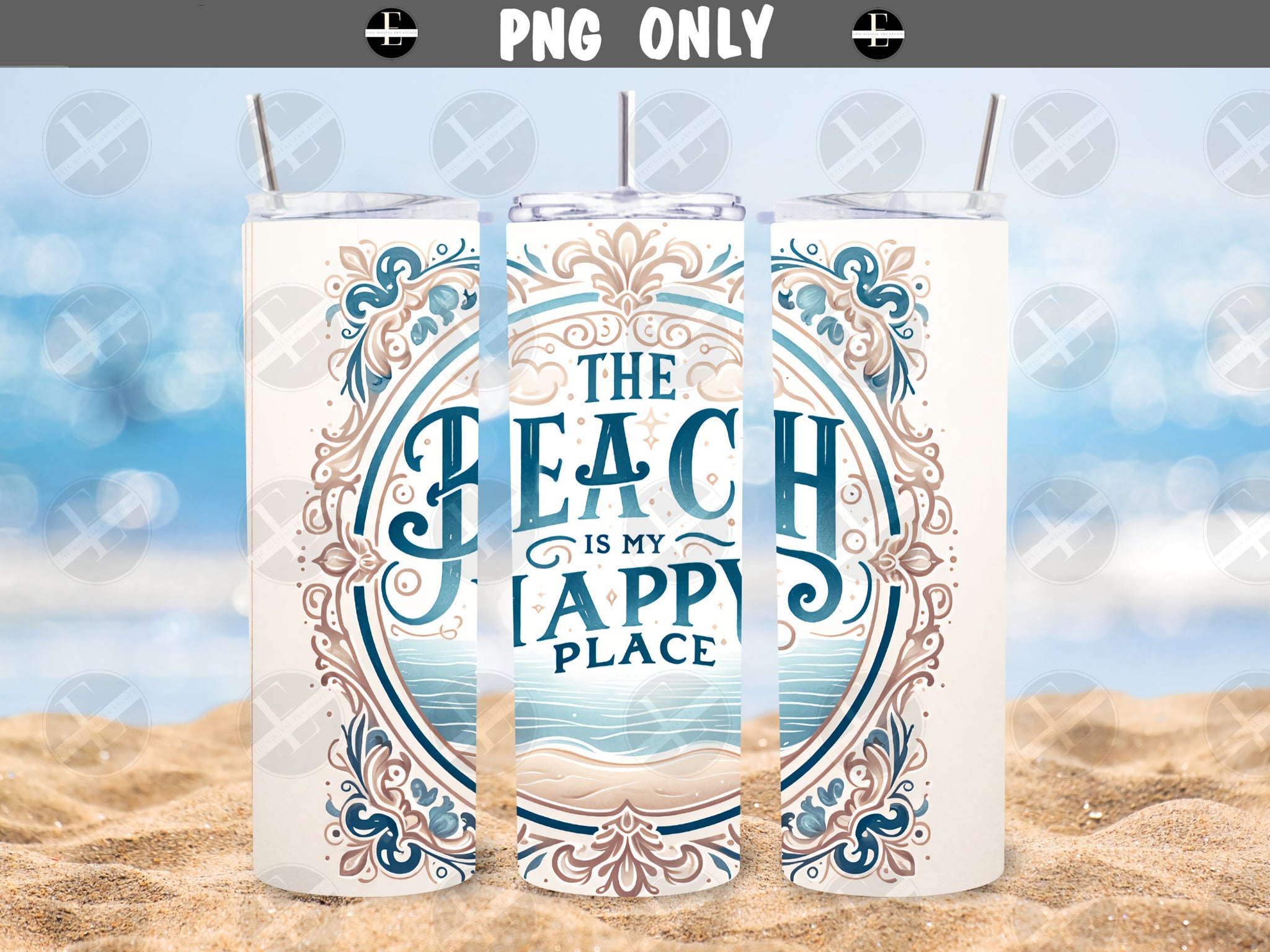 Beach Tumbler Wraps - The Beach Is My Happy Place Skinny Tumbler Wrap - Tumbler Sublimation Designs Straight & Tapered - Instant Download