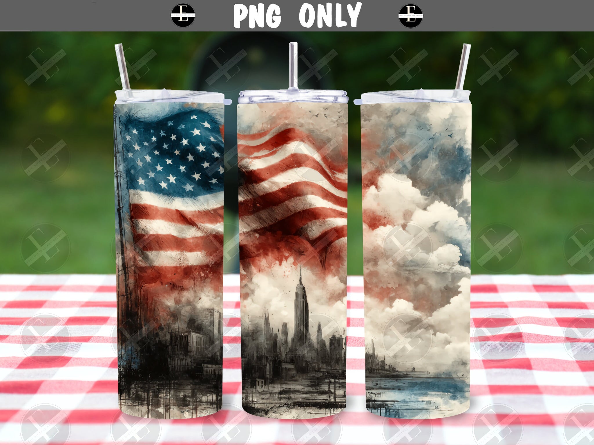 Patriotic Skyline Tumbler Wraps - Grunge Flag Skinny Tumbler Wrap - Tumbler Sublimation Designs Straight & Tapered - Instant Download