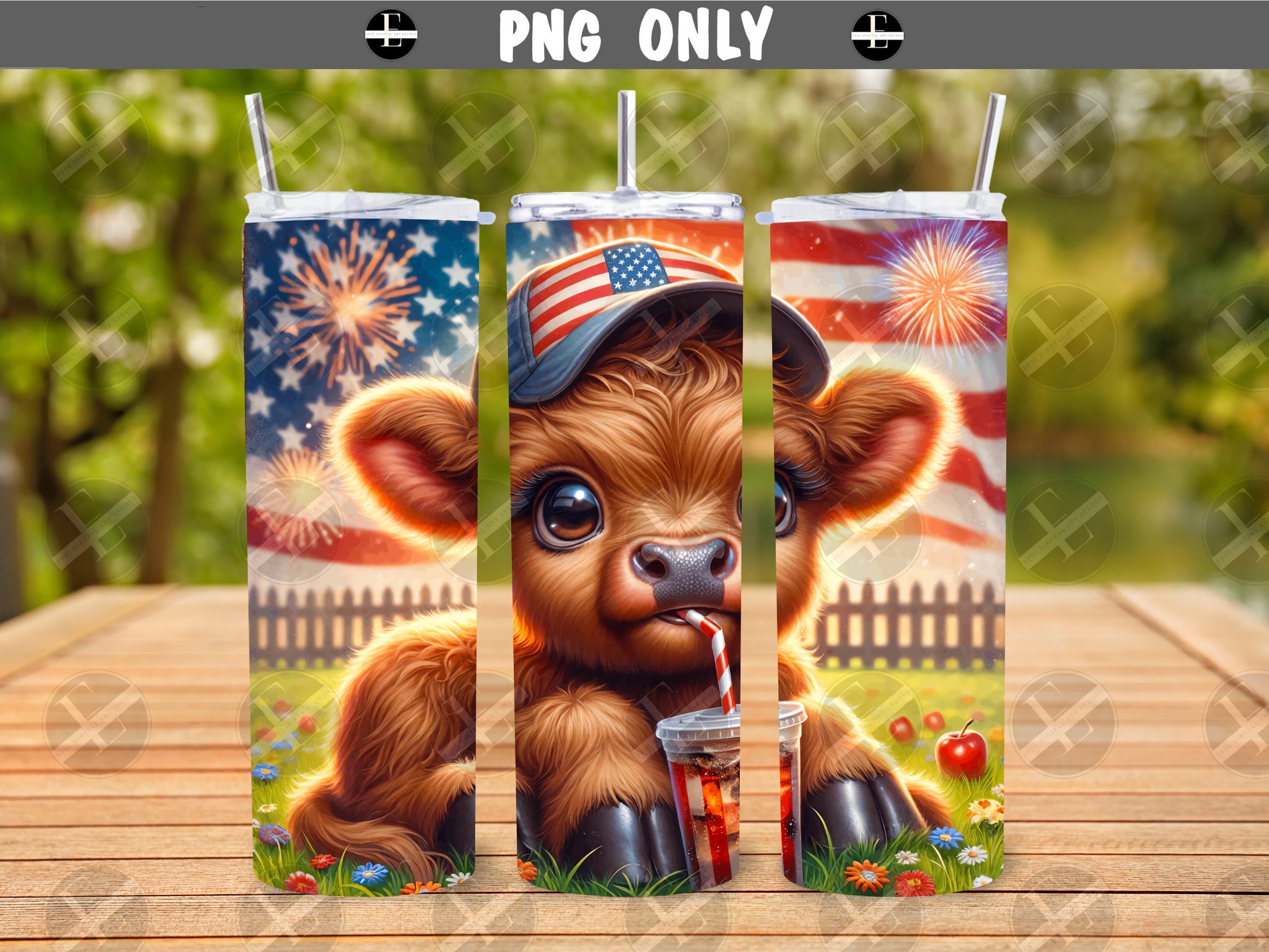 Patriotic Highland Cow Tumbler Wraps - Skinny Tumbler Wrap - Tumbler Sublimation Designs Straight & Tapered - Instant Download