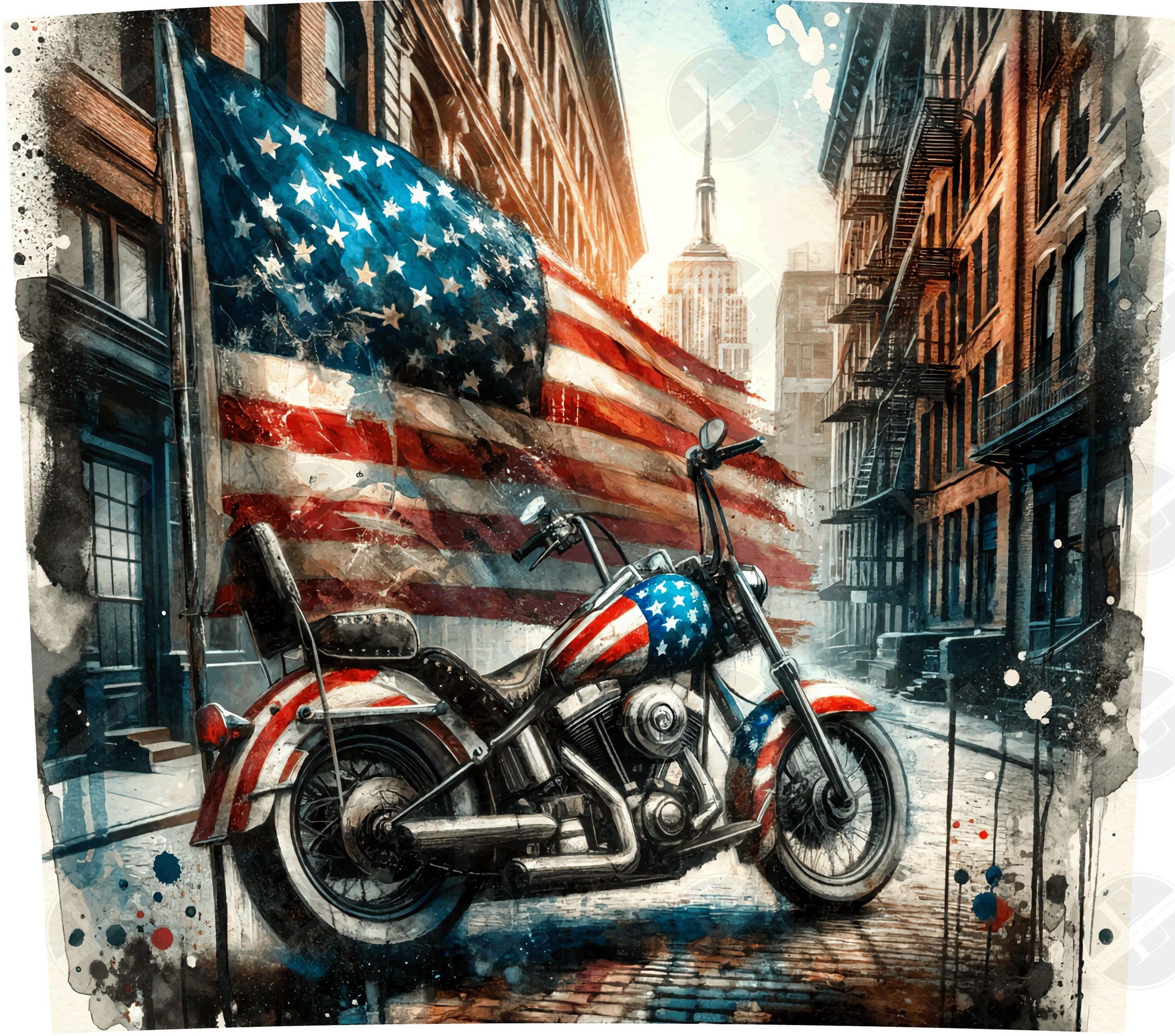 Patriotic Motorcycle Tumbler Wraps - Grunge Flag Skinny Tumbler Wrap - Tumbler Sublimation Designs Straight & Tapered - Instant Download