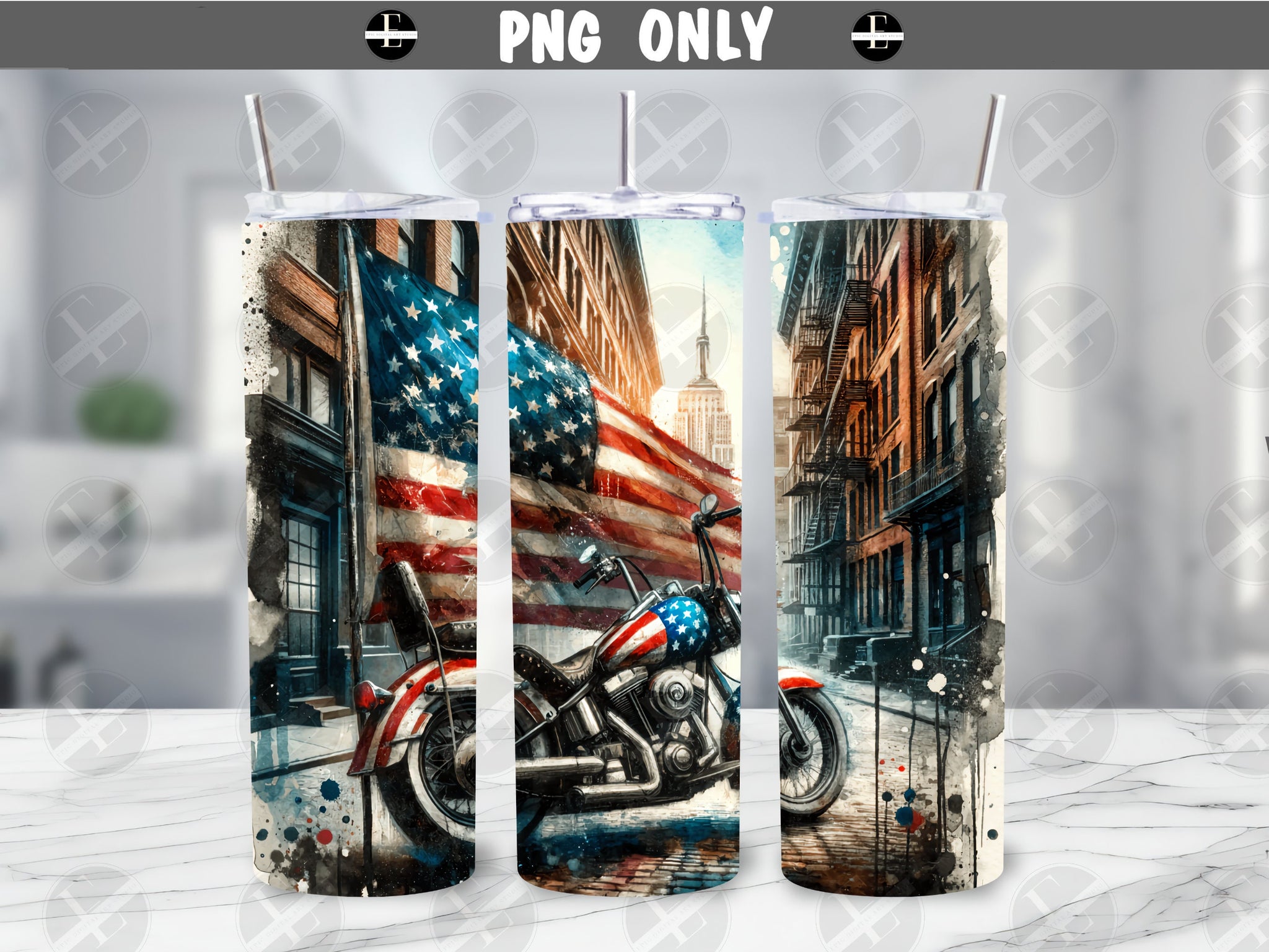 Patriotic Motorcycle Tumbler Wraps - Grunge Flag Skinny Tumbler Wrap - Tumbler Sublimation Designs Straight & Tapered - Instant Download