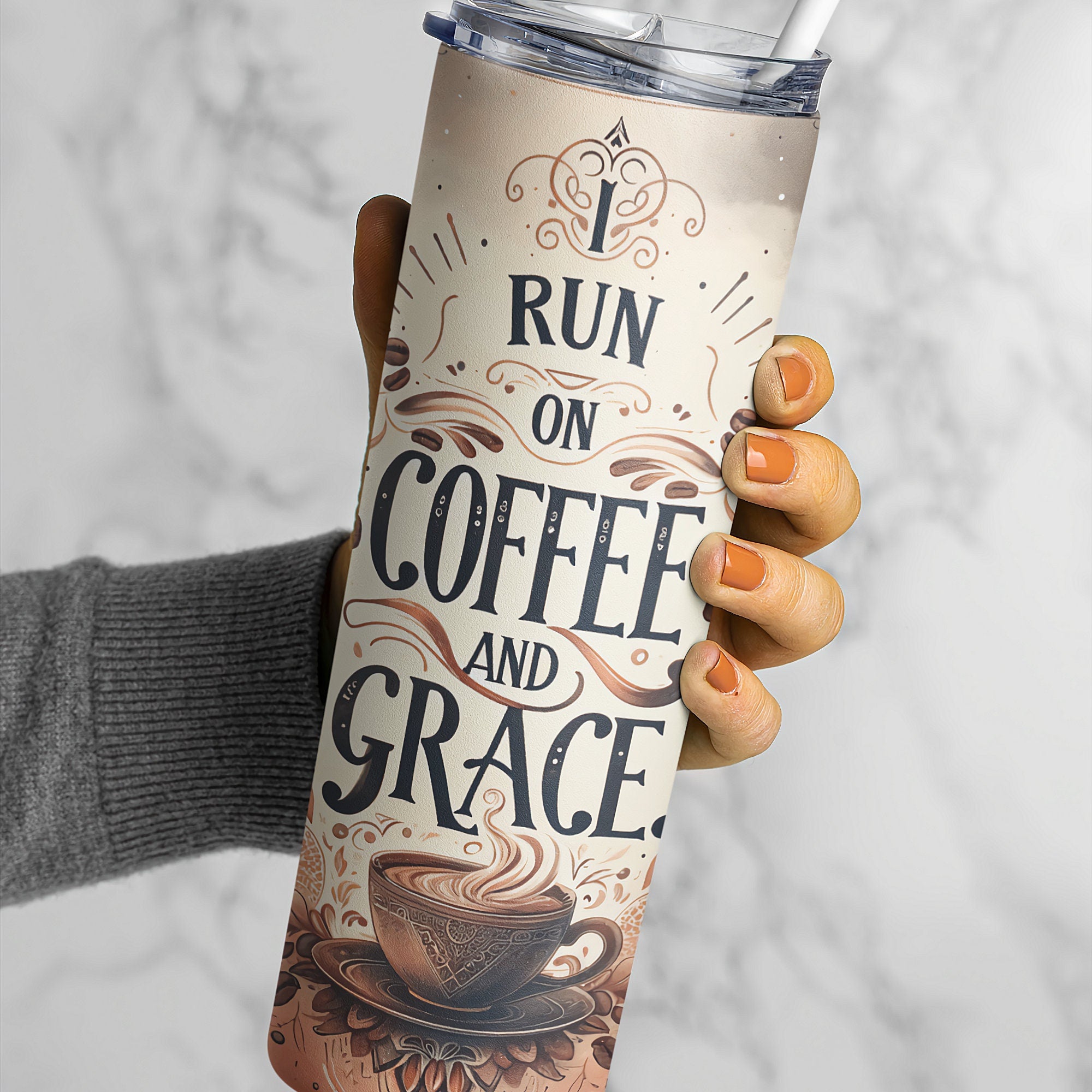 Coffee Tumbler Wraps - I Run On Coffee and Grace - Skinny Tumbler Wrap Design - Sublimation Designs Straight & Tapered - Instant Download