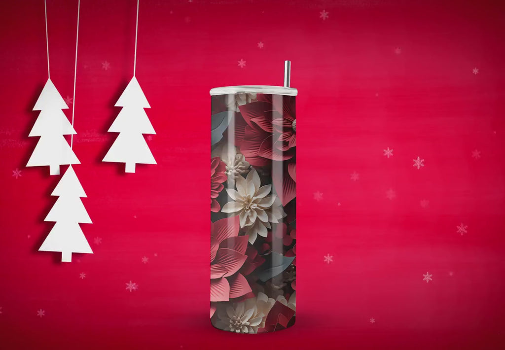 3D Tumbler Wraps - Christmas Poinsettias Tumbler Wraps - Skinny Tumbler Design - Sublimation Designs Straight & Tapered - Instant Download