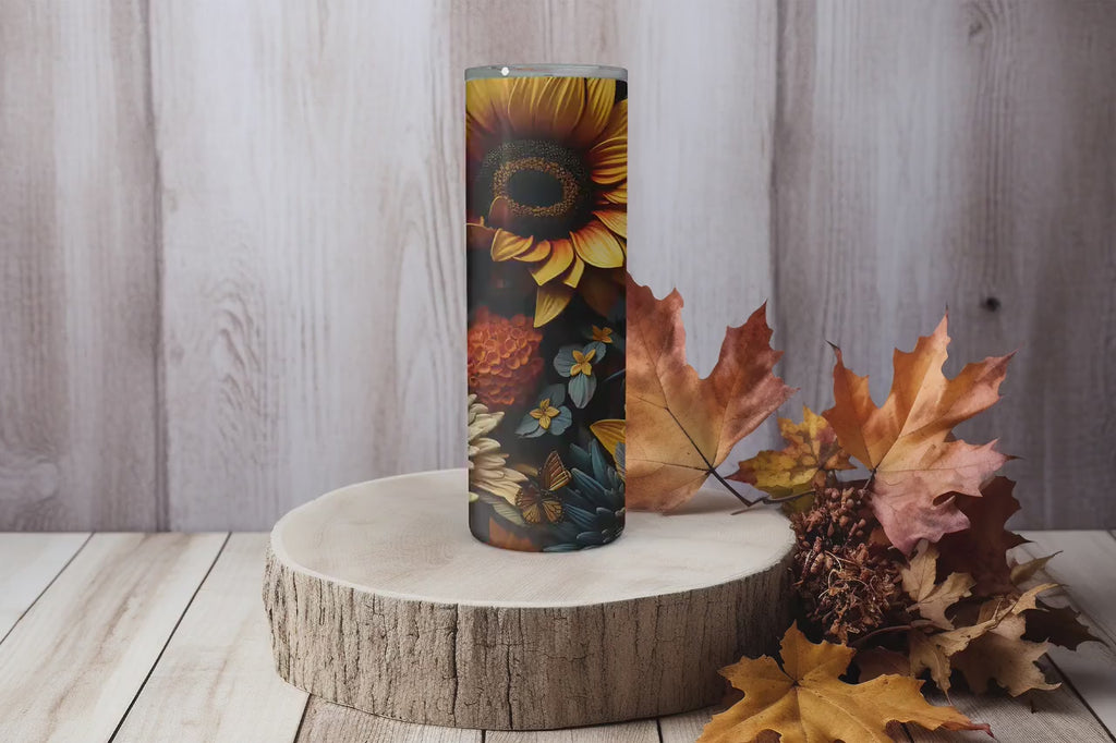 3D Tumbler Wraps - 3D Fall Sunflowers Skinny Tumbler Wrap Design - Ideal Tumbler Sublimation Designs Straight & Tapered - Instant Download