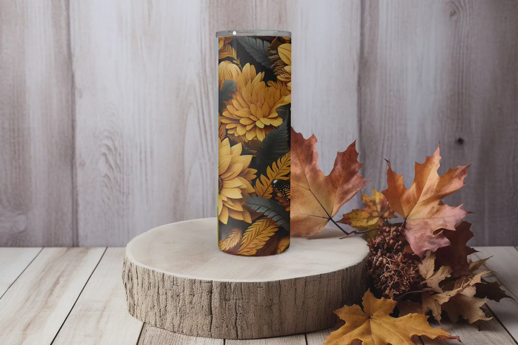 Autumn Tumbler Wraps - 3D Sunflowers Skinny Tumbler Wrap Design - Ideal Tumbler Sublimation Designs Straight & Tapered - Instant Download