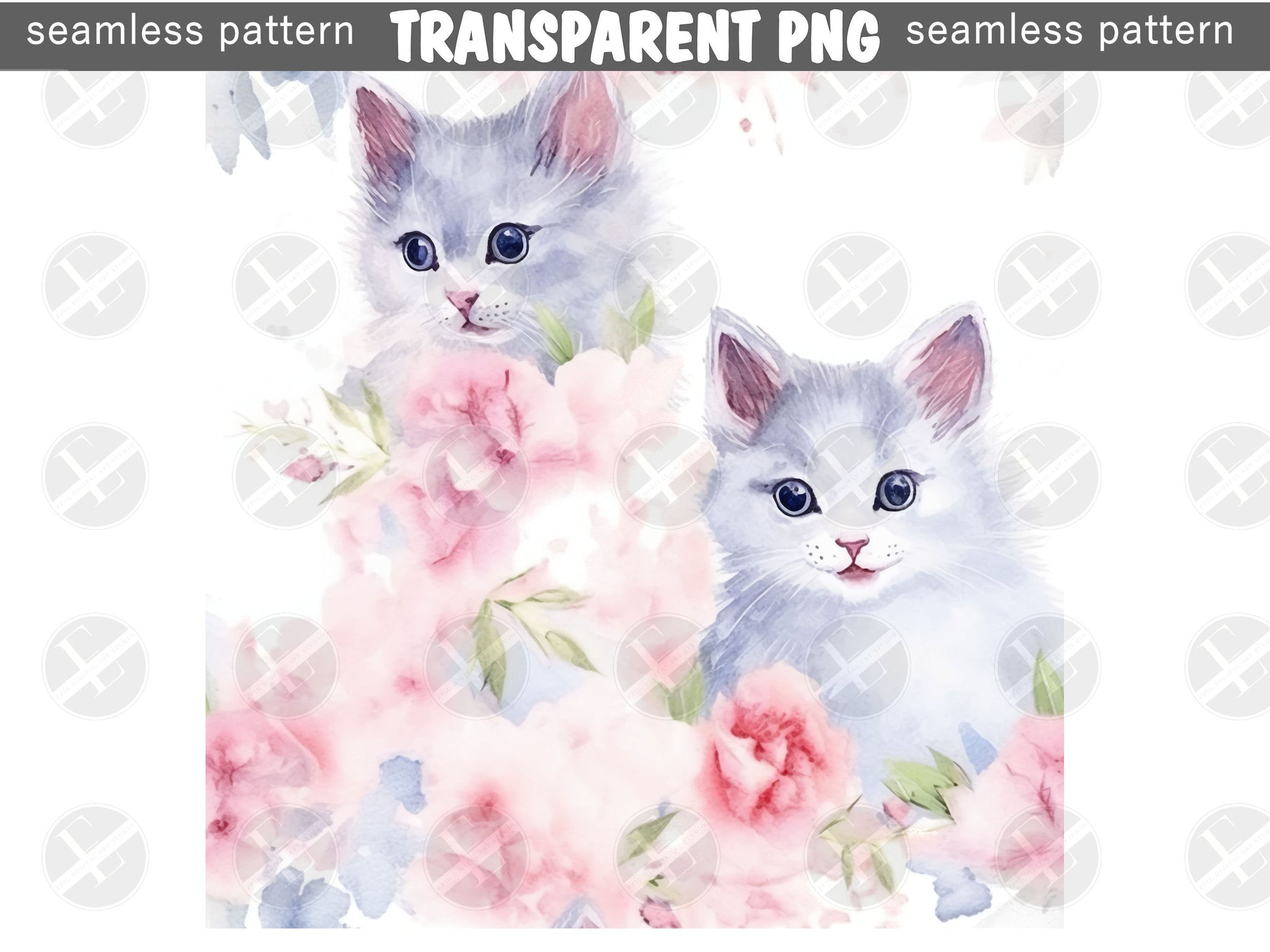 Cat Seamless Patterns Digital Download PNG - Bundle of 10 - Shabby Chic Vintage Soft Watercolor Kittens Patterns - Commercial & Personal Use