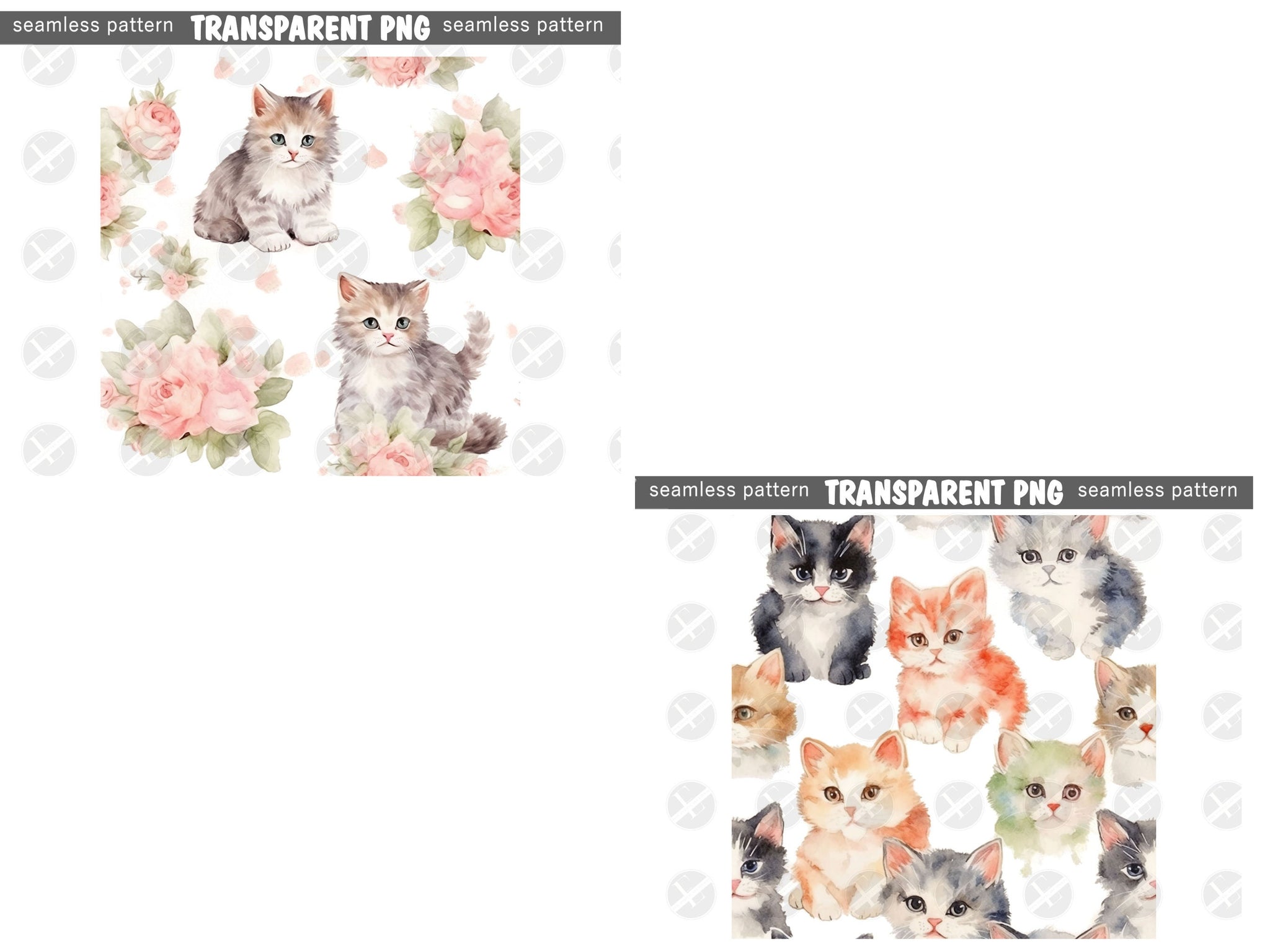 Cat Seamless Patterns Digital Download PNG - Bundle of 10 - Shabby Chic Vintage Soft Watercolor Kittens Patterns - Commercial & Personal Use