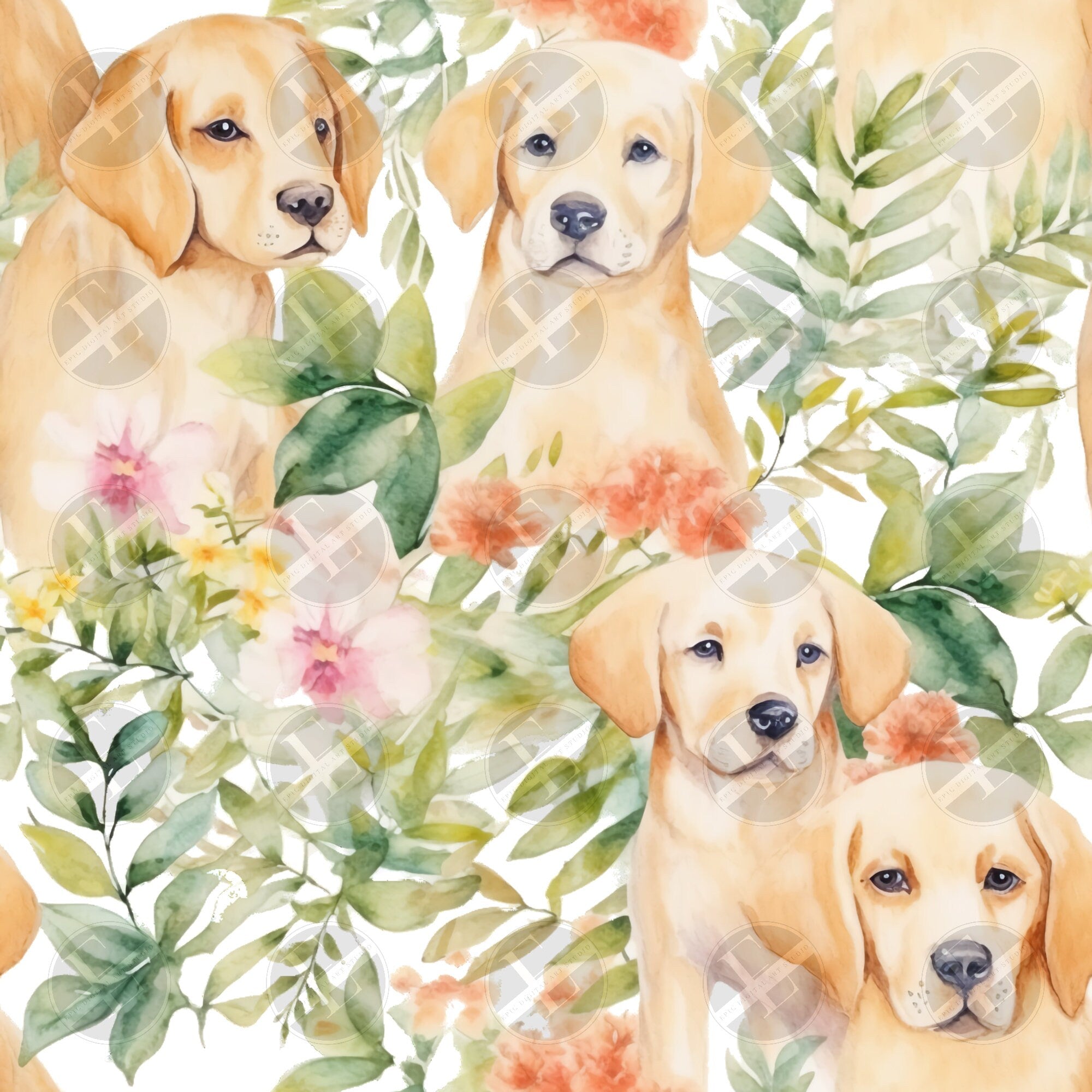 Puppy Seamless Patterns Digital Download PNG - Bundle of 4 - Shabby Chic Vintage Soft Watercolor Puppy Patterns - Commercial & Personal Use