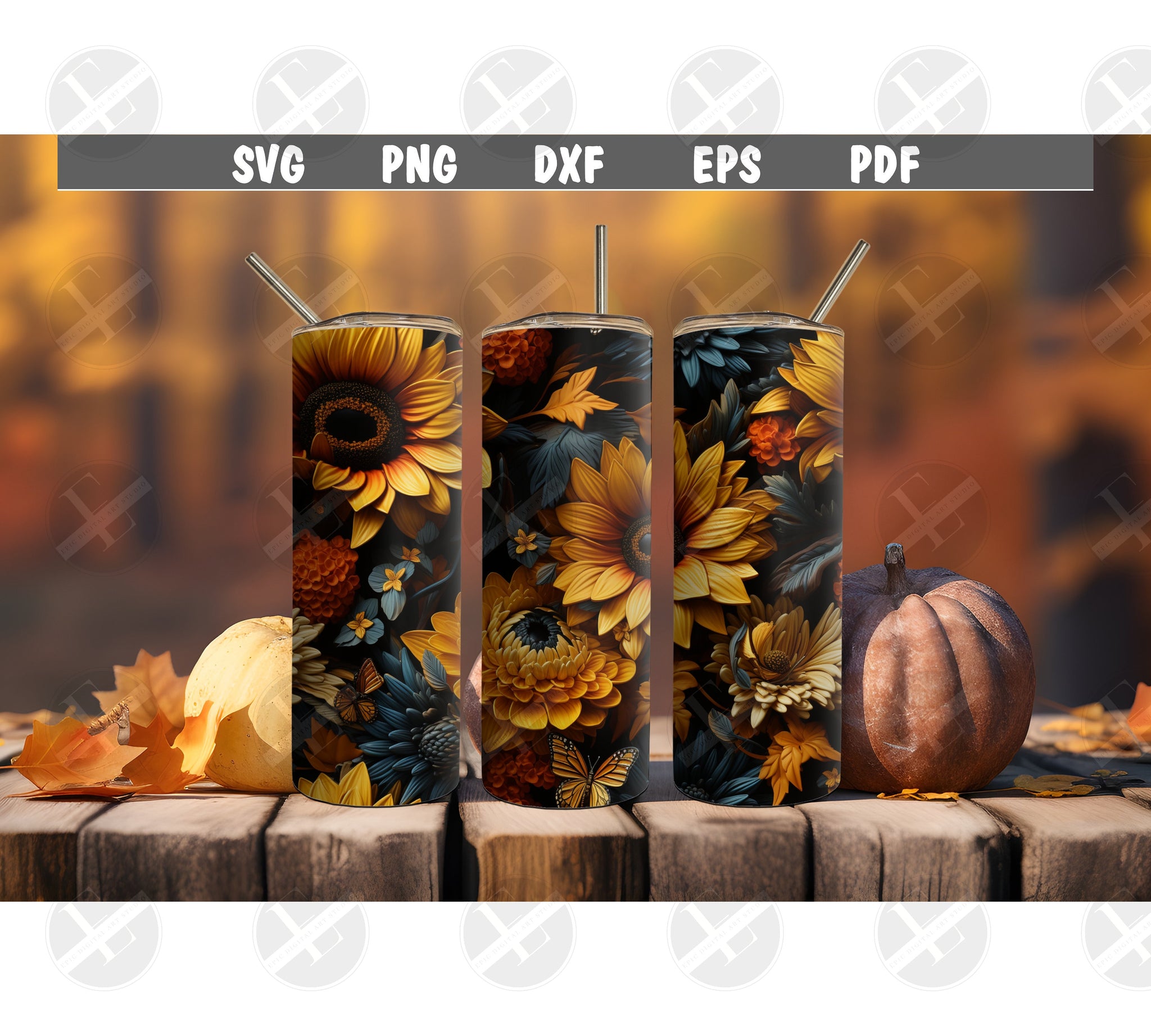 3D Tumbler Wraps - 3D Fall Sunflowers Skinny Tumbler Wrap Design - Ideal Tumbler Sublimation Designs Straight & Tapered - Instant Download