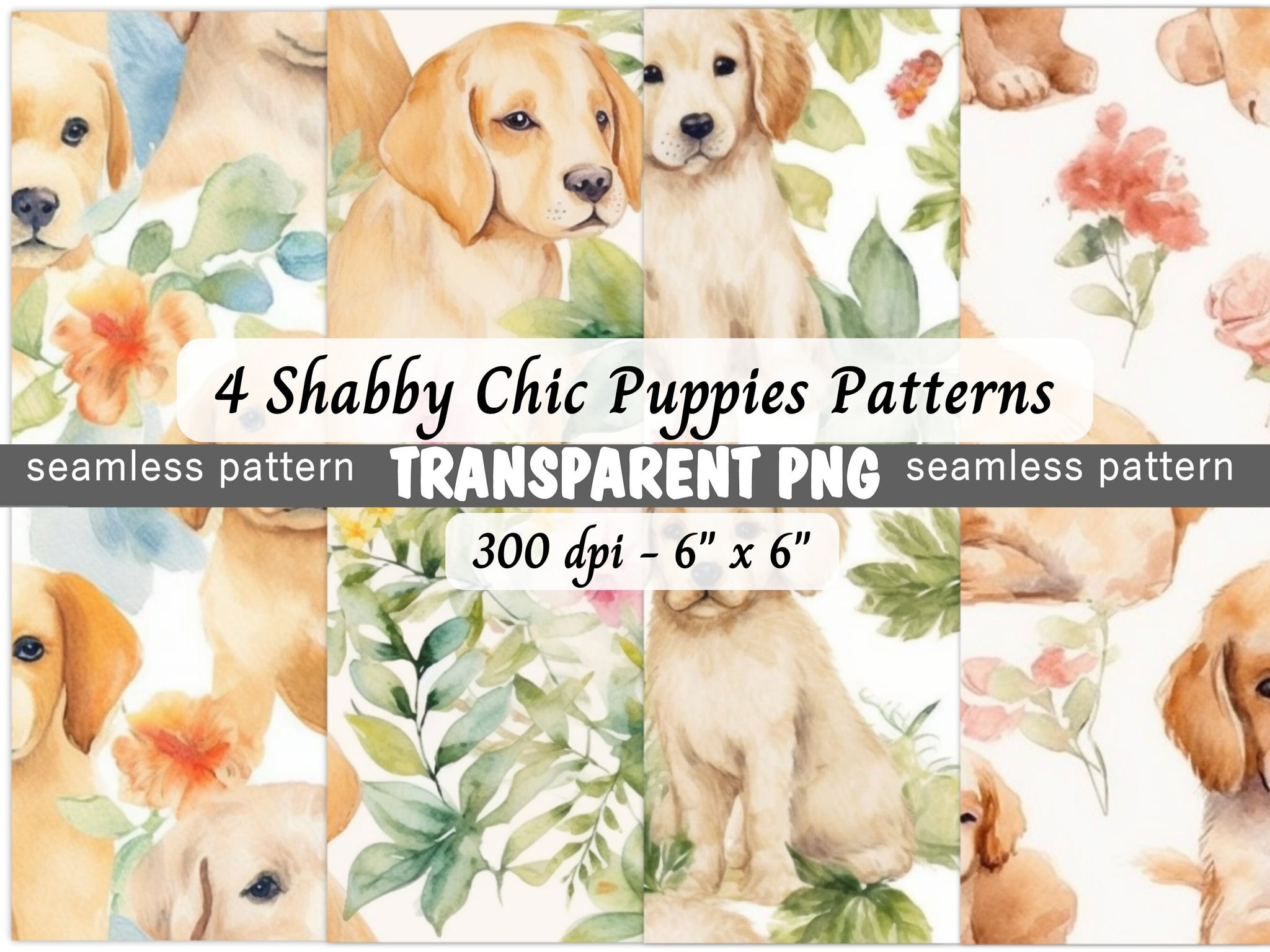 Puppy Seamless Patterns Digital Download PNG - Bundle of 4 - Shabby Chic Vintage Soft Watercolor Puppy Patterns - Commercial & Personal Use