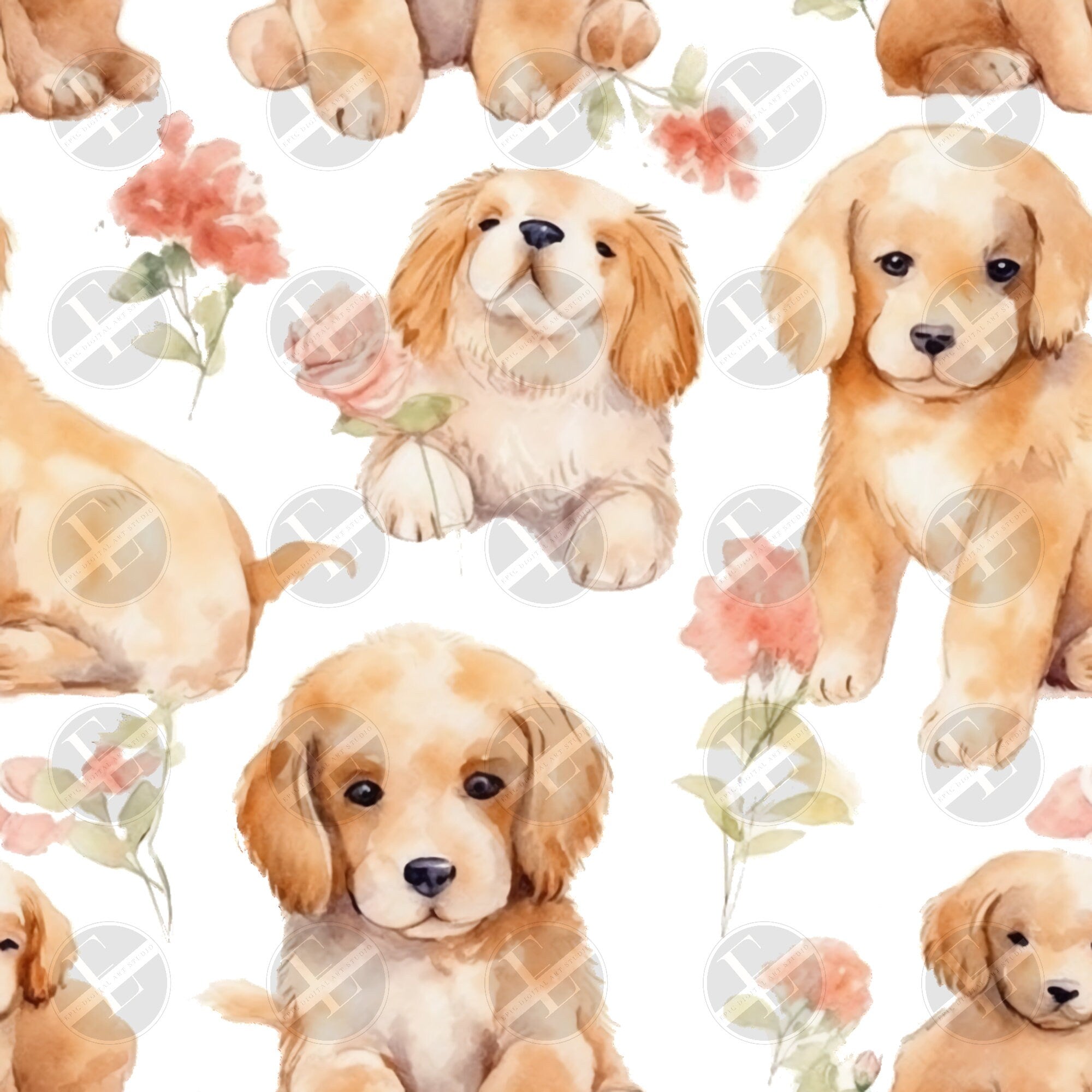 Puppy Seamless Patterns Digital Download PNG - Bundle of 4 - Shabby Chic Vintage Soft Watercolor Puppy Patterns - Commercial & Personal Use