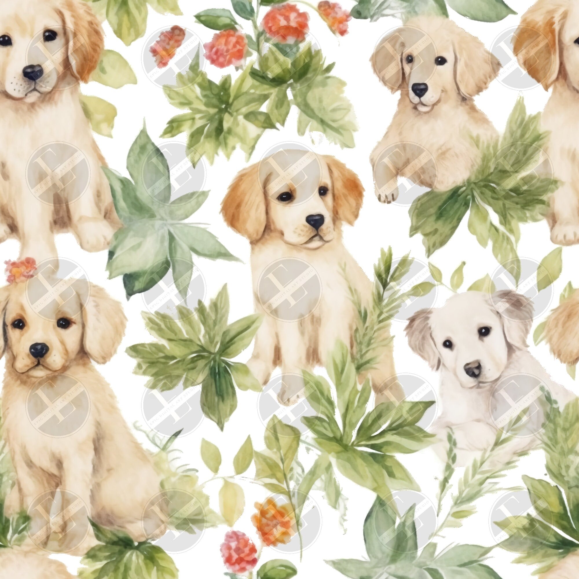 Puppy Seamless Patterns Digital Download PNG - Bundle of 4 - Shabby Chic Vintage Soft Watercolor Puppy Patterns - Commercial & Personal Use