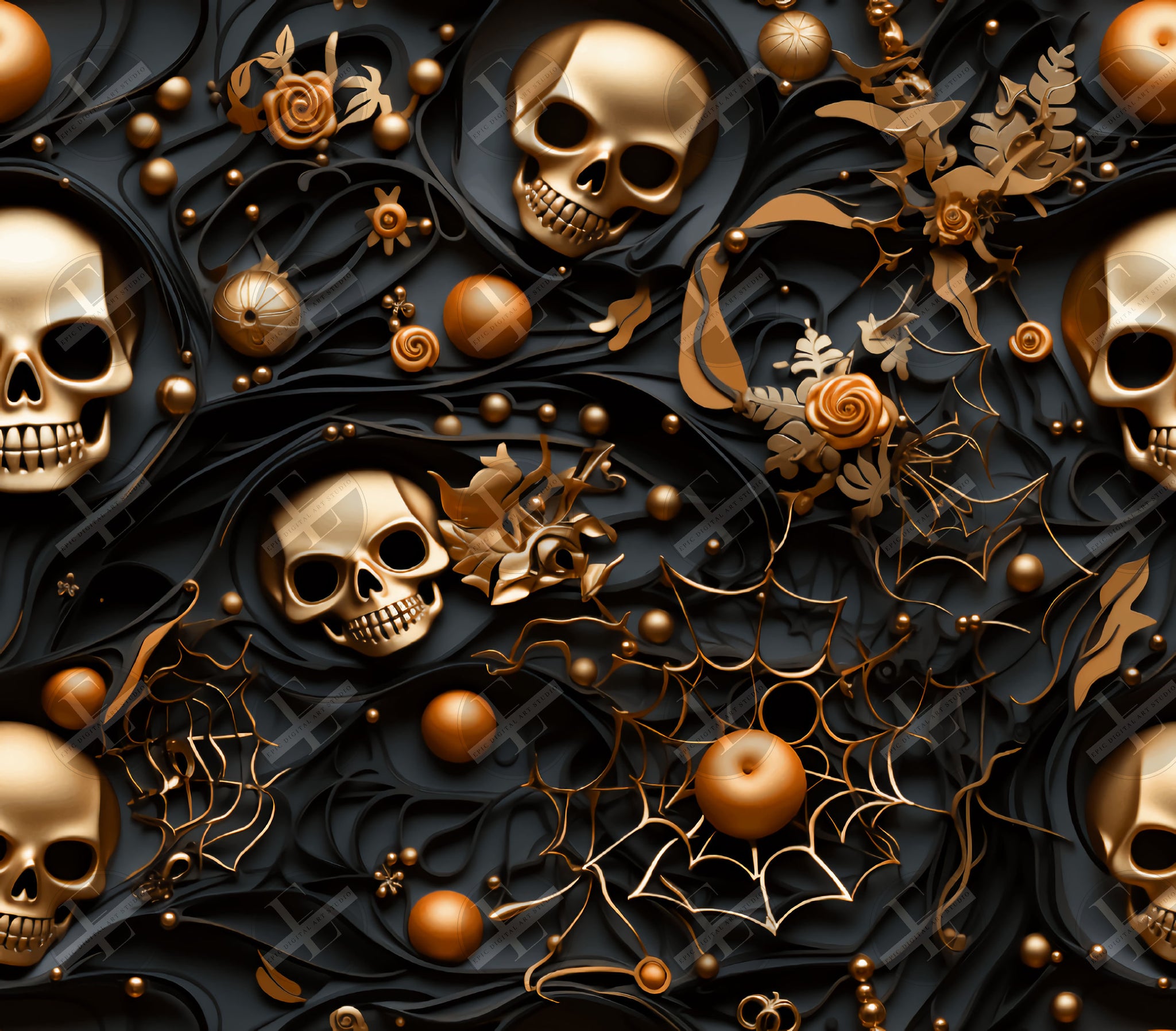 3d tumbler wrap halloween seamless gold skulls and web on black.