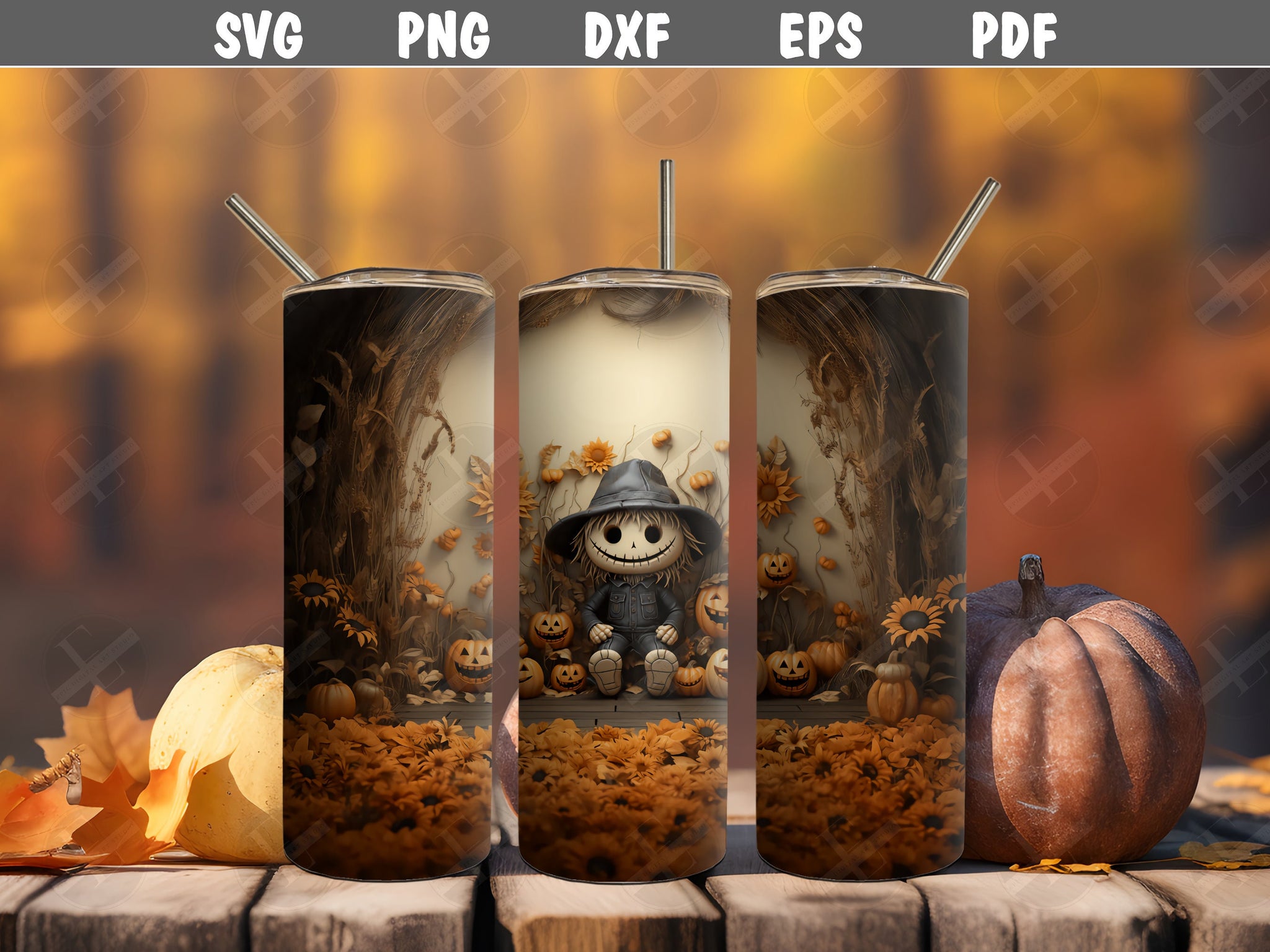 3D Tumbler Wraps - 3D Halloween Fall Scarecrow Skinny Tumbler Wrap Design - Tumbler Sublimation Design Straight & Tapered - Instant Download