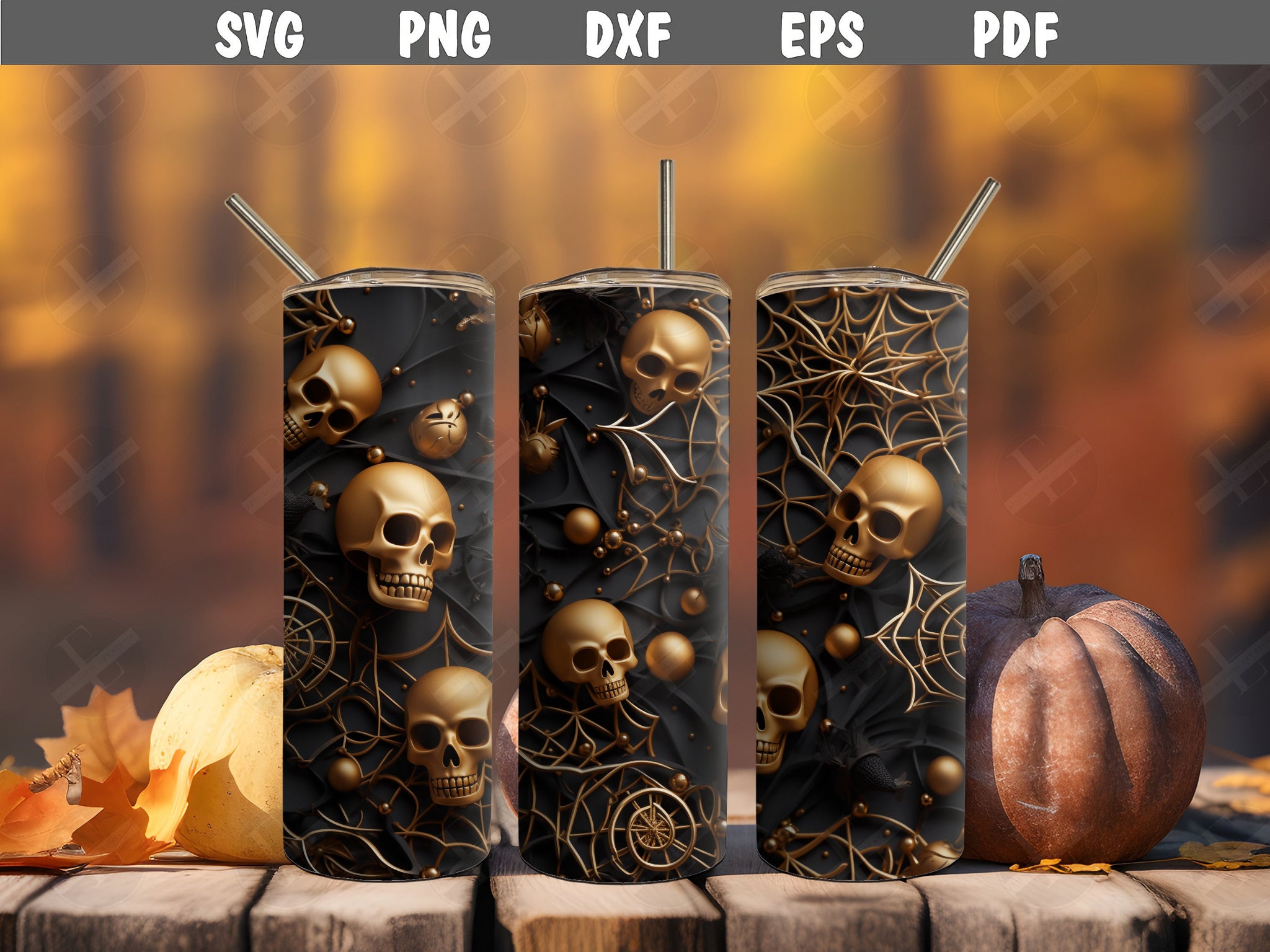 3D Tumbler Wraps - 3D Halloween Gold Skinny Tumbler Wrap Design - Ideal Tumbler Sublimation Designs Straight & Tapered - Instant Download