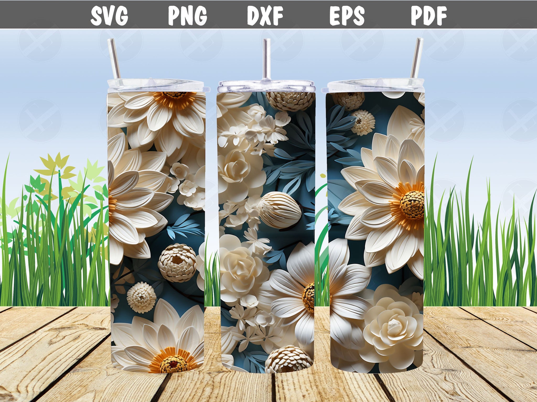 3D Tumbler Wraps - 3D Daisies Flowers Skinny Tumbler Wrap Design - Ideal Tumbler Sublimation Designs Straight & Tapered - Instant Download