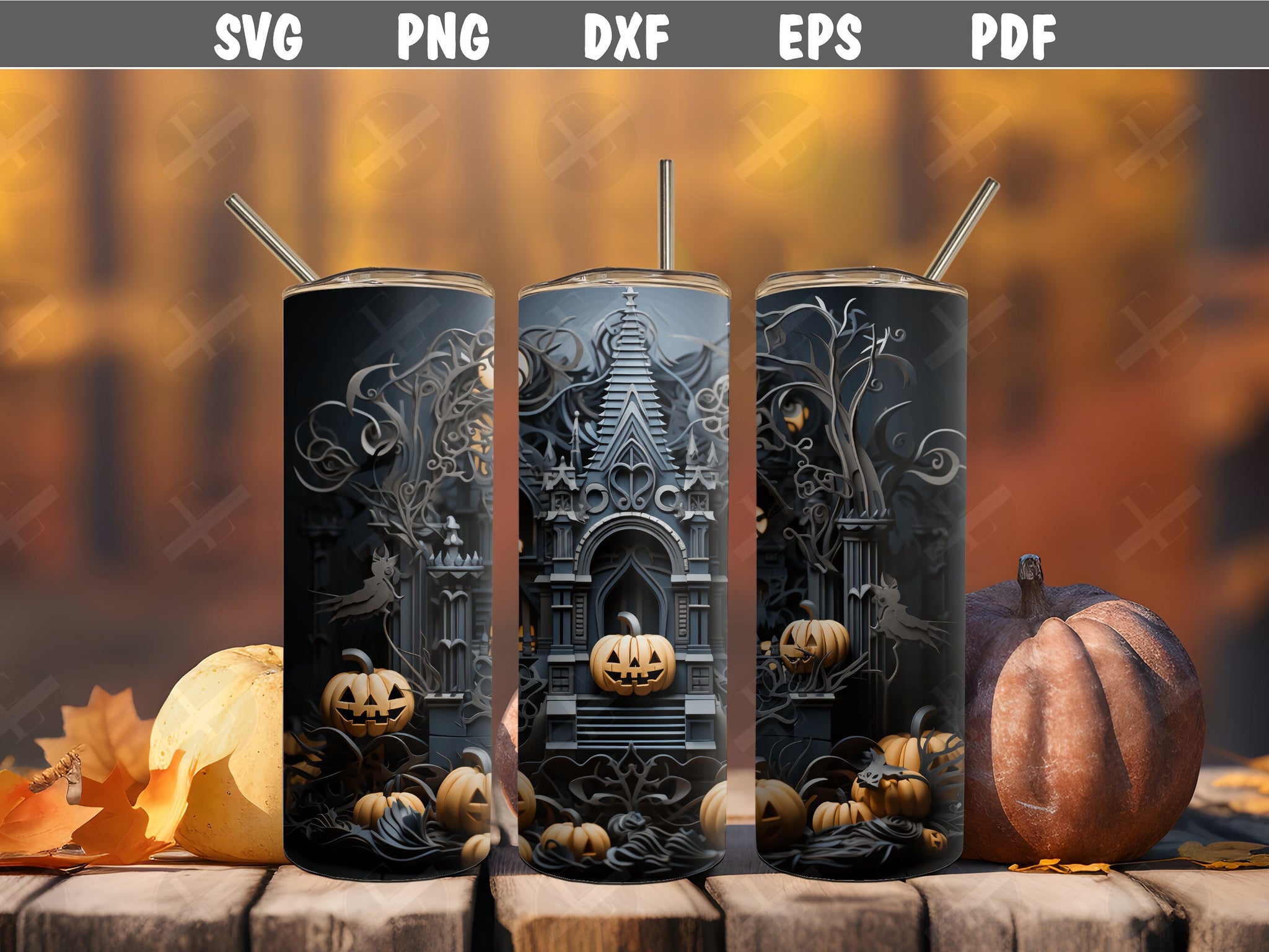 3D Tumbler Wraps - 3D Halloween Haunted House Skinny Tumbler Wrap - Ideal Tumbler Sublimation Designs Straight & Tapered - Instant Download