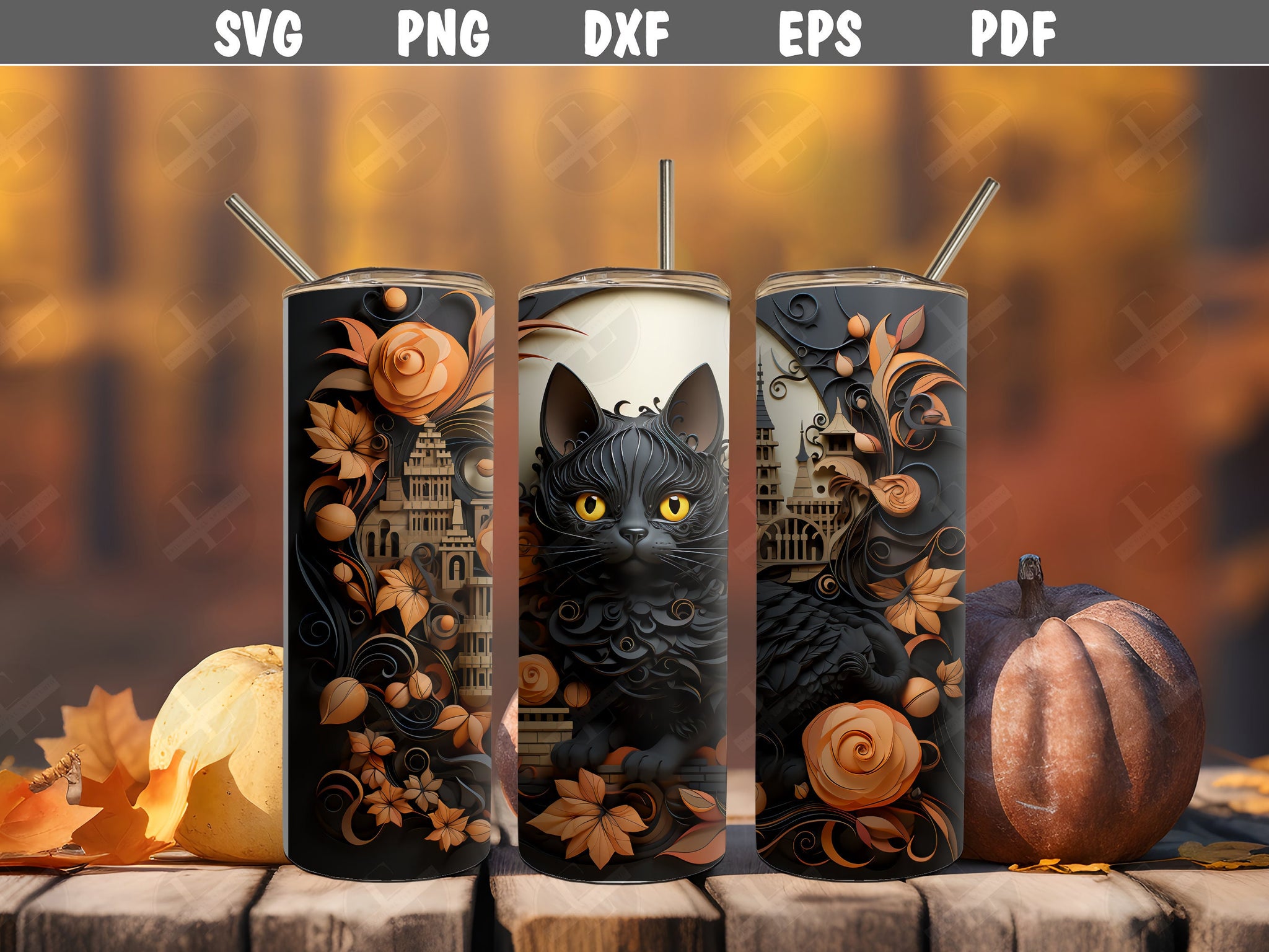 3D Tumbler Wraps - 3D Halloween Black Cat Tumbler Wrap Design - Tumbler Sublimation Designs Straight & Tapered - Instant Download