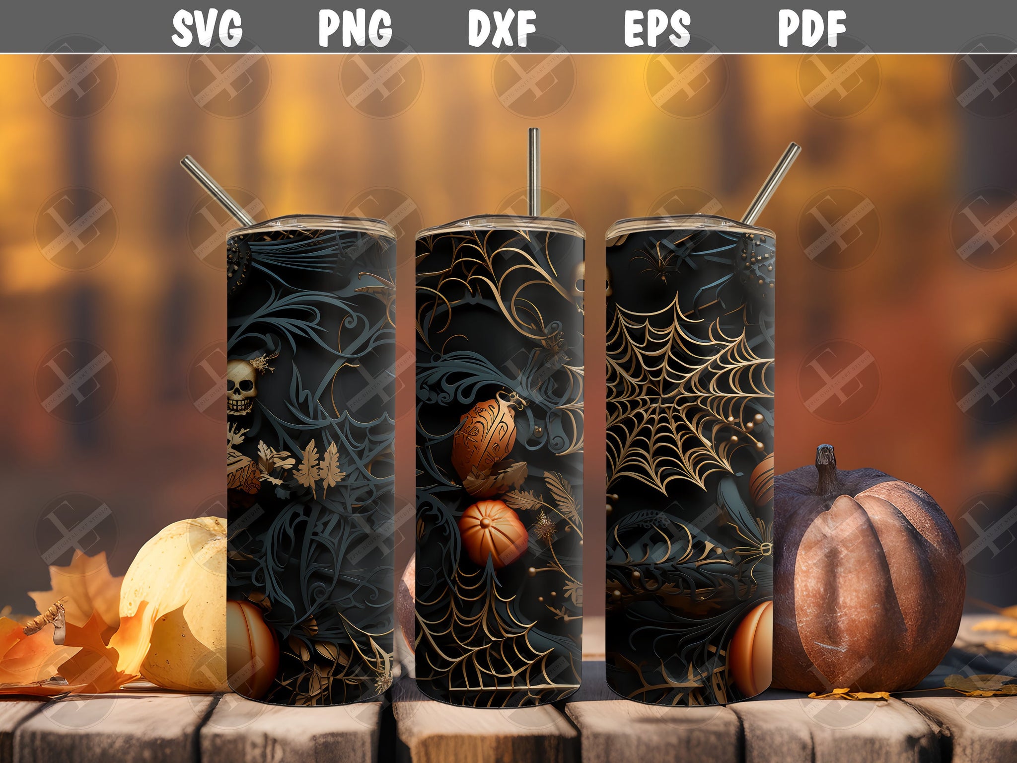 3D Tumbler Wraps - 3D Halloween Gold Skinny Tumbler Wrap Design - Ideal Tumbler Sublimation Designs Straight & Tapered - Instant Download