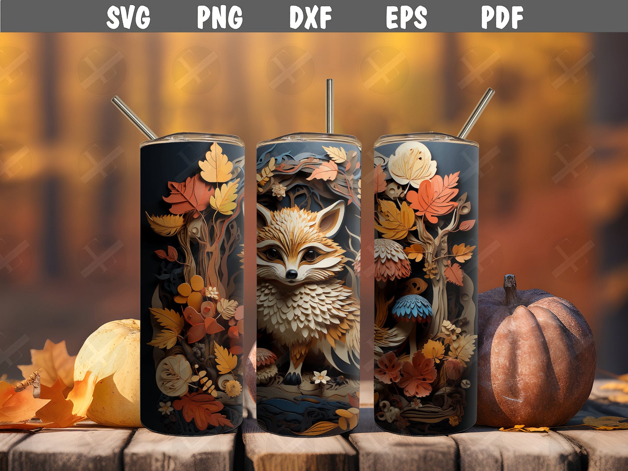 Autumn Tumbler Wrap - 3D Fall Fox Scene Skinny Tumbler Wrap Design - Ideal Tumbler Sublimation Designs Straight & Tapered - Instant Download