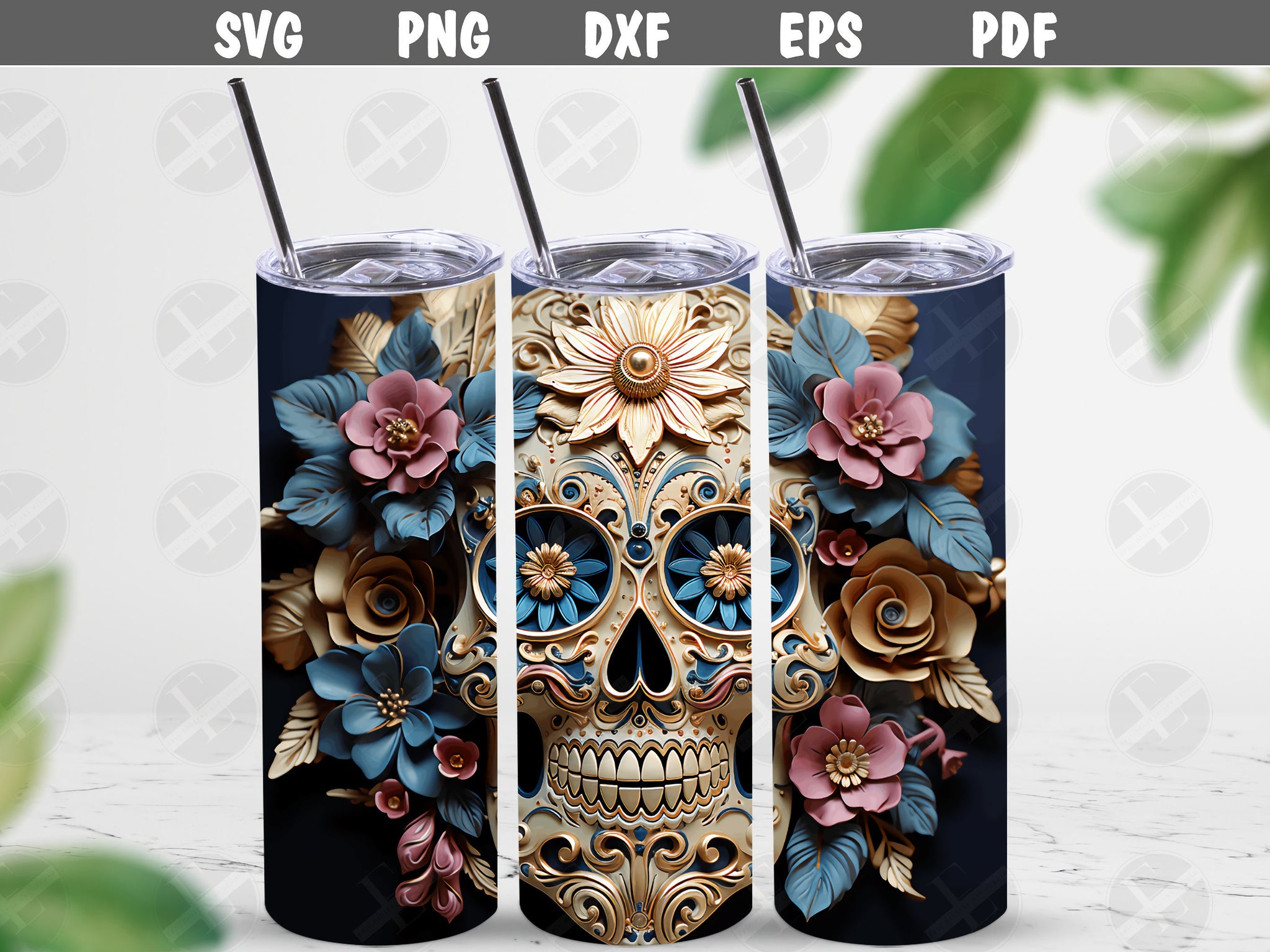 3D Tumbler Wraps - 3D Sugar Skull Pink Blue Skinny Tumbler Wrap Design - Tumbler Sublimation Design Straight & Tapered - Instant Download