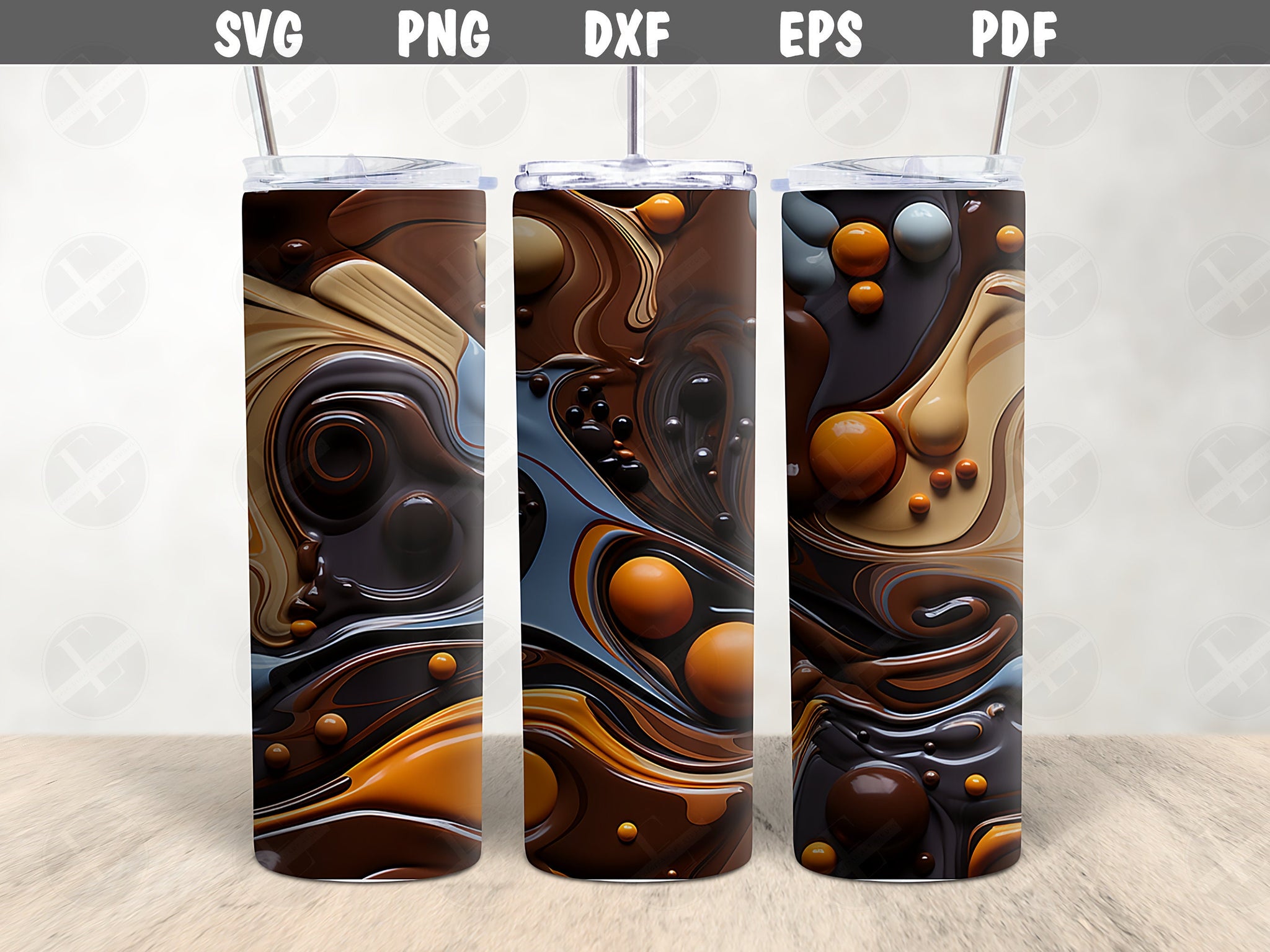 3D Tumbler Wraps - 3D Chocolate Swirls Skinny Tumbler Wrap Design - Ideal Tumbler Sublimation Designs Straight & Tapered - Instant Download