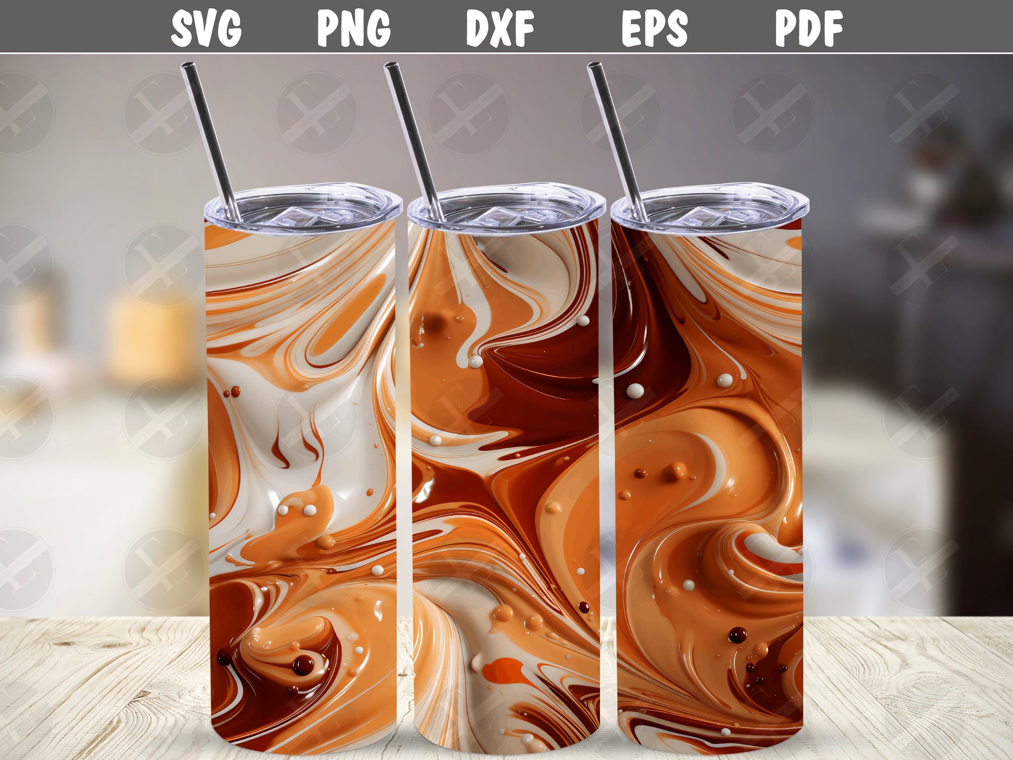 3D Tumbler Wraps - 3D Caramel Swirls Skinny Tumbler Wrap Design - Ideal Tumbler Sublimation Designs Straight & Tapered - Instant Download