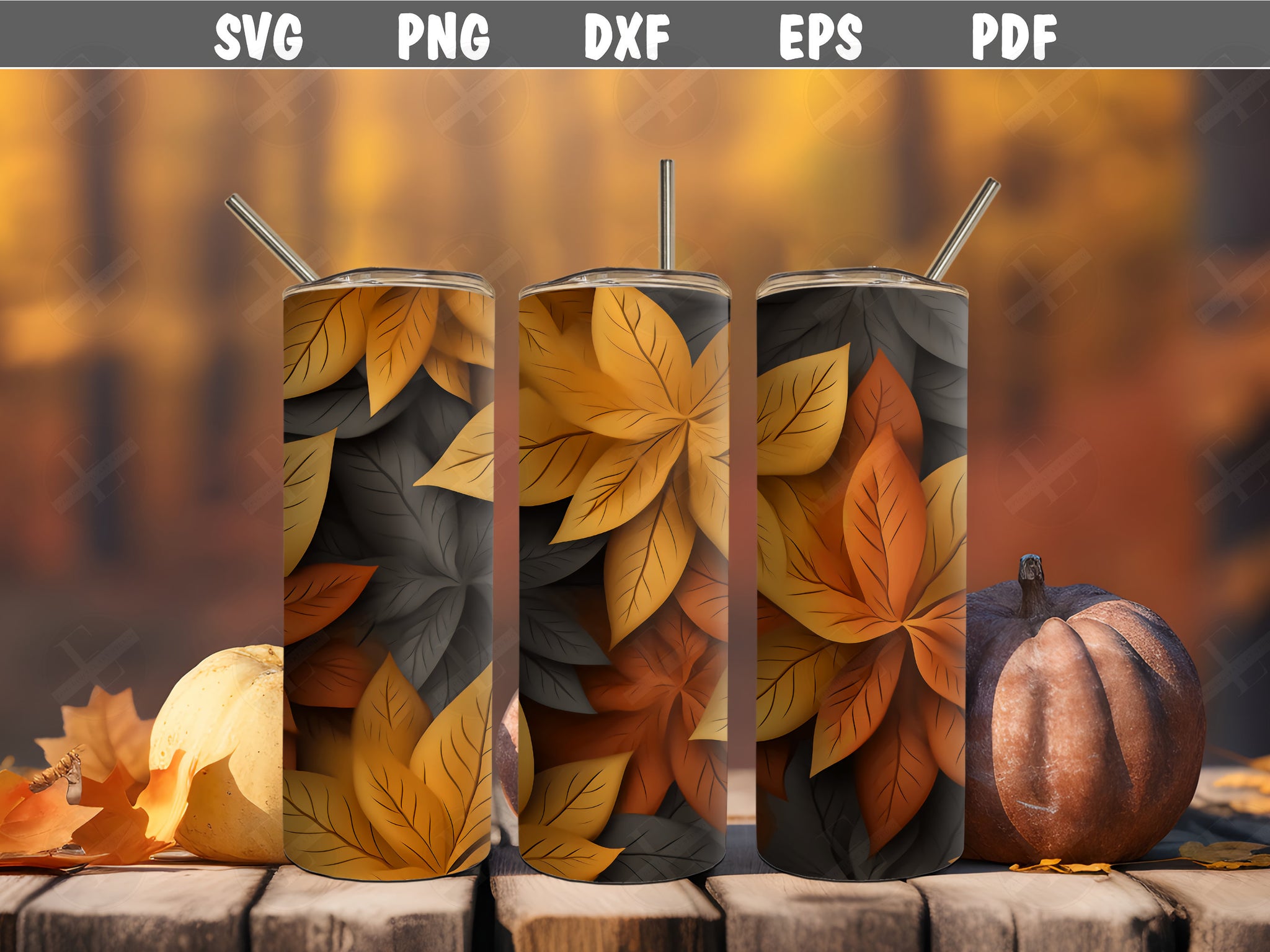 3D Tumbler Wraps - 3D Fall Leaves Skinny Tumbler Wrap Design - Ideal Tumbler Sublimation Designs Straight & Tapered - Instant Download