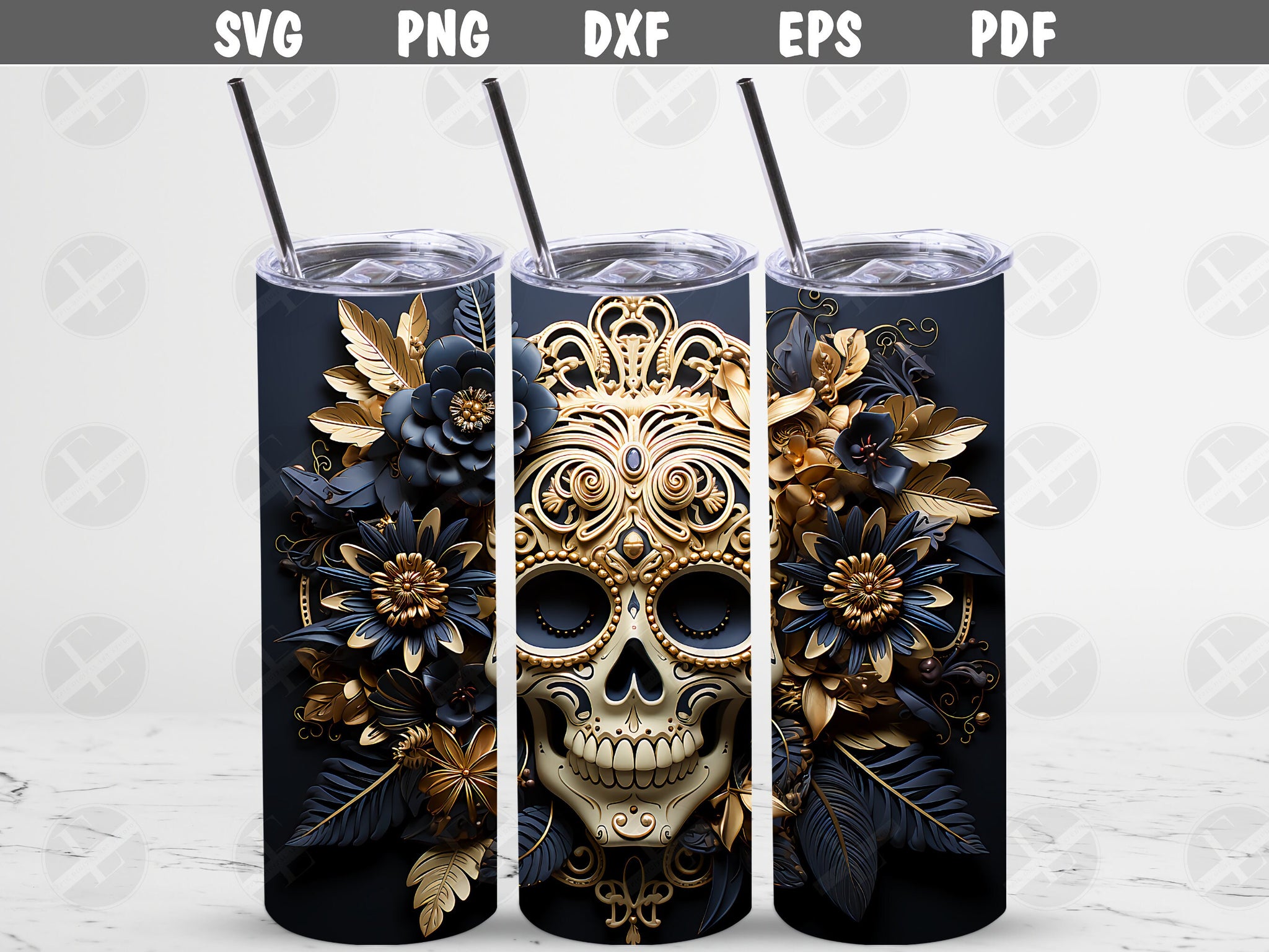 3D Tumbler Wraps - 3D Sugar Skull With Tiara Skinny Tumbler Wrap Design - Tumbler Sublimation Designs Straight & Tapered - Instant Download