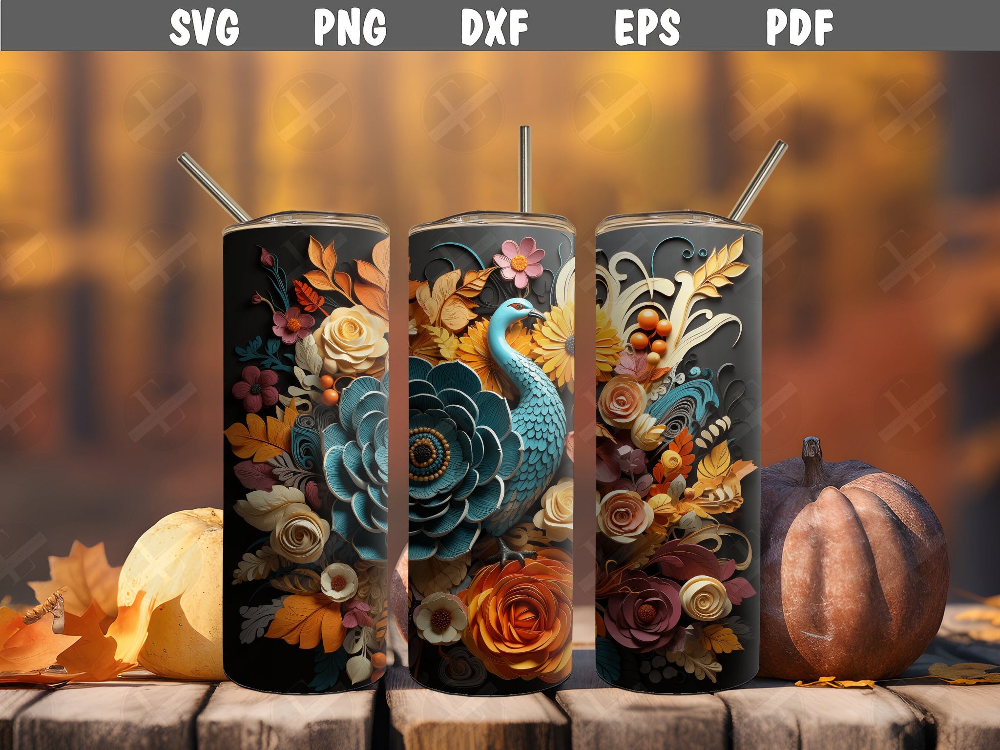 3D Tumbler Wraps - 3D Autumn Bird Scene Skinny Tumbler Wrap Design - Ideal Tumbler Sublimation Designs Straight & Tapered - Instant Download