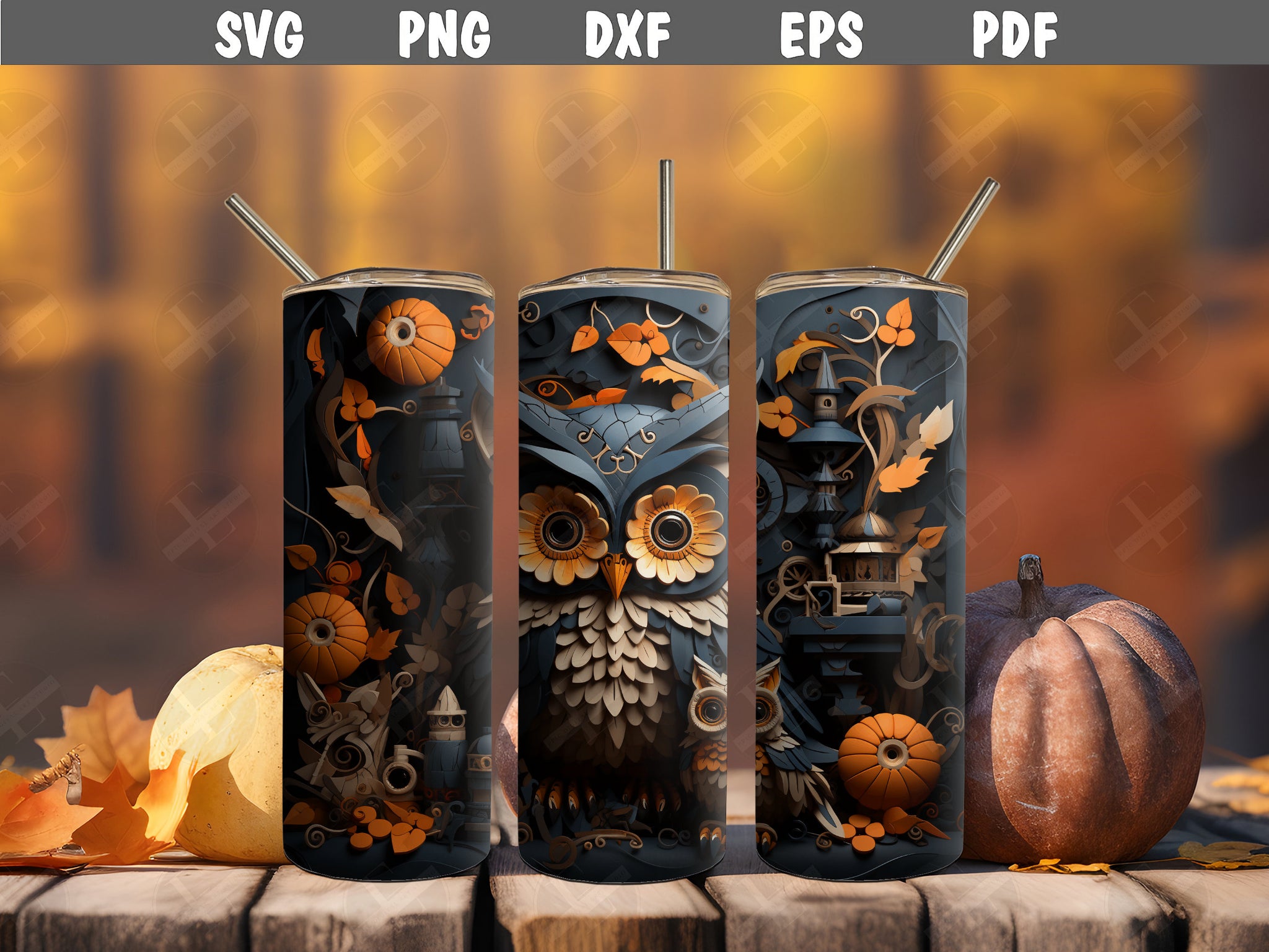 3D Tumbler Wraps - 3D Autumn Owl Scene Skinny Tumbler Wrap Design - Ideal Tumbler Sublimation Designs Straight & Tapered - Instant Download