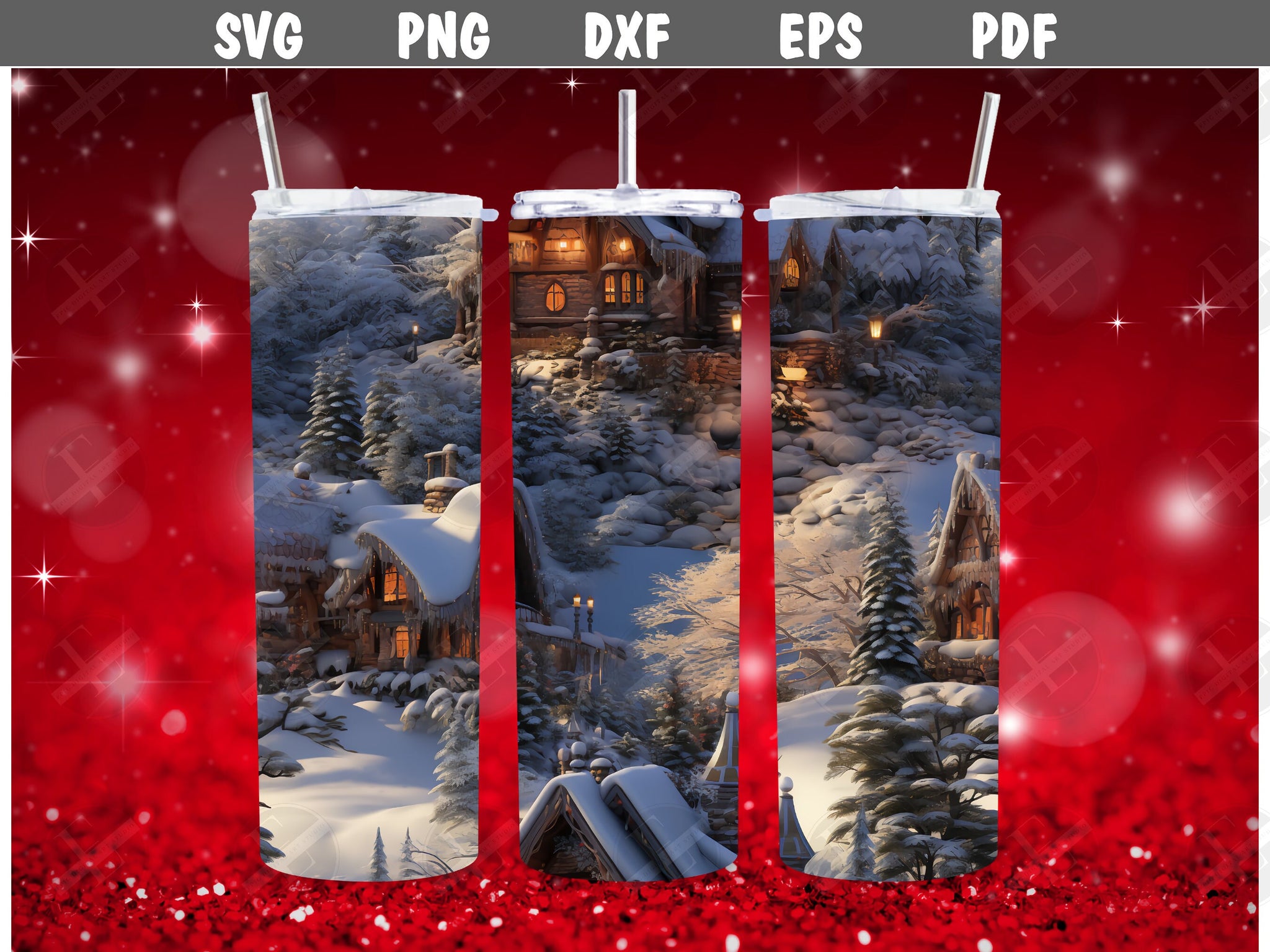 Christmas Tumbler Wraps - 3D Winter Scene Skinny Tumbler Wrap Design - Tumbler Sublimation Designs Straight & Tapered - Instant Download