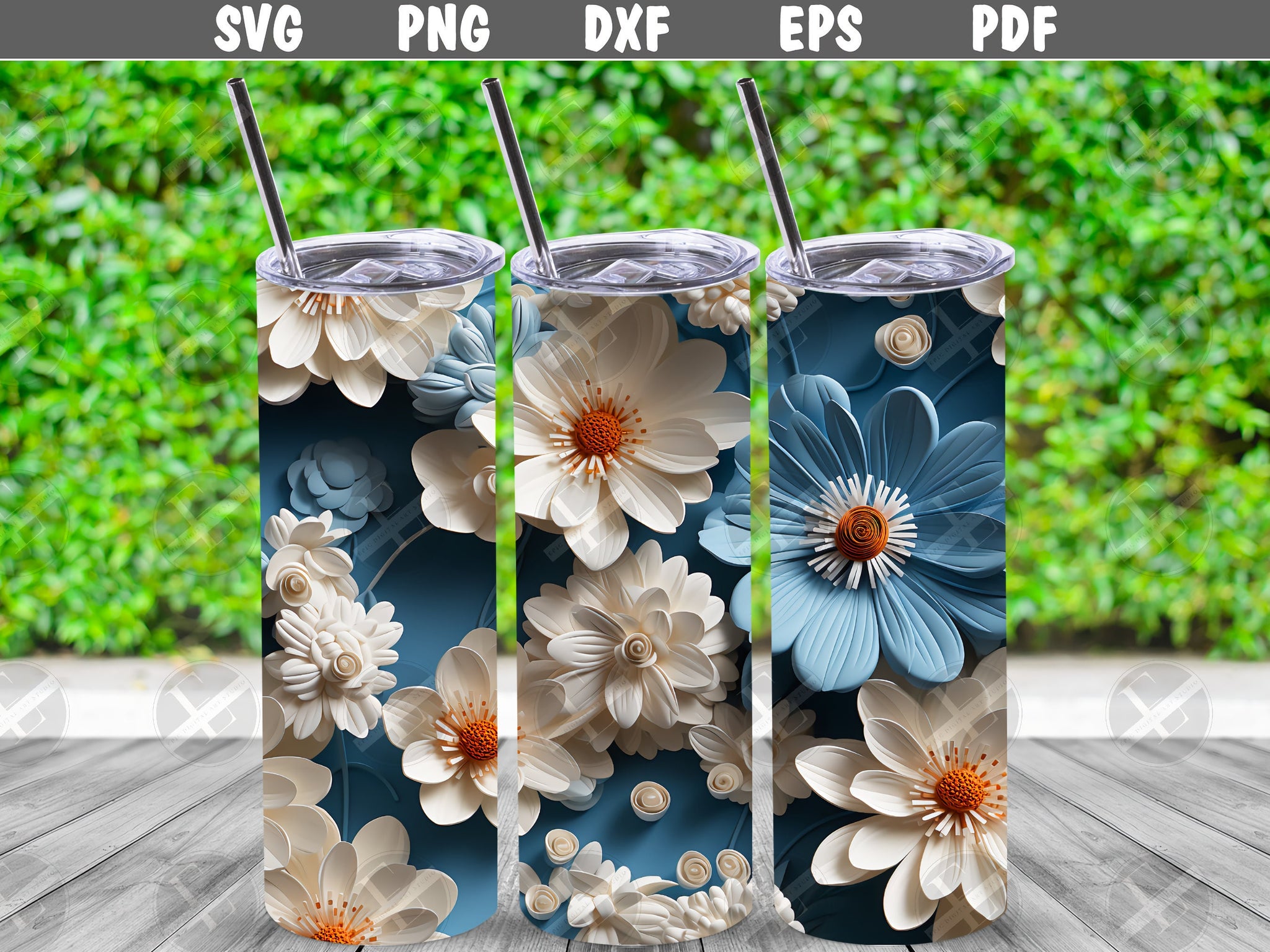 3D Tumbler Wraps - 3D Daisies Flowers Skinny Tumbler Wrap Design - Ideal Tumbler Sublimation Designs Straight & Tapered - Instant Download