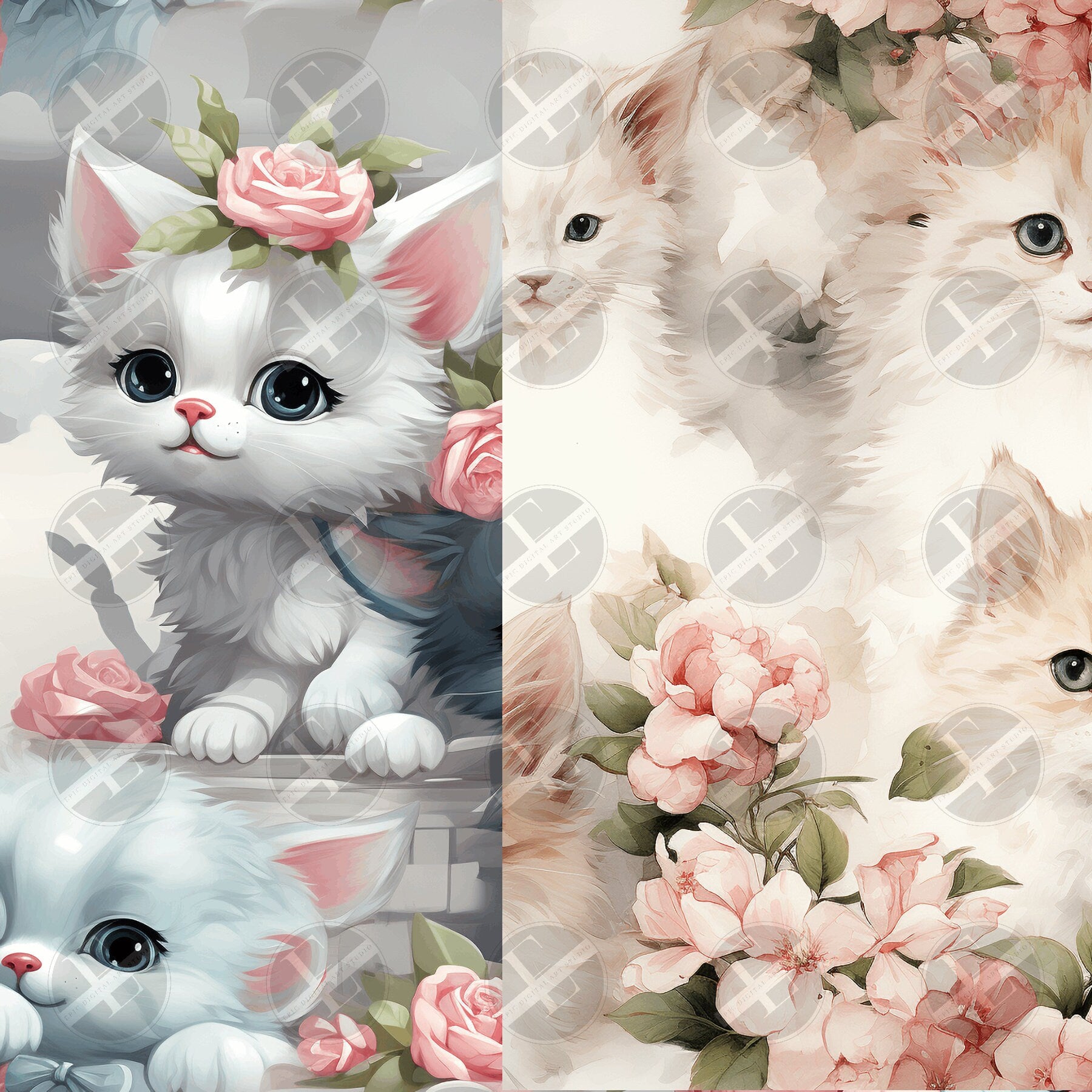 Cute Cat Seamless Patterns Digital Download PNG - Bundle of 16 - Shabby Chic Soft Watercolor Kittens Patterns - Commercial & Personal Use