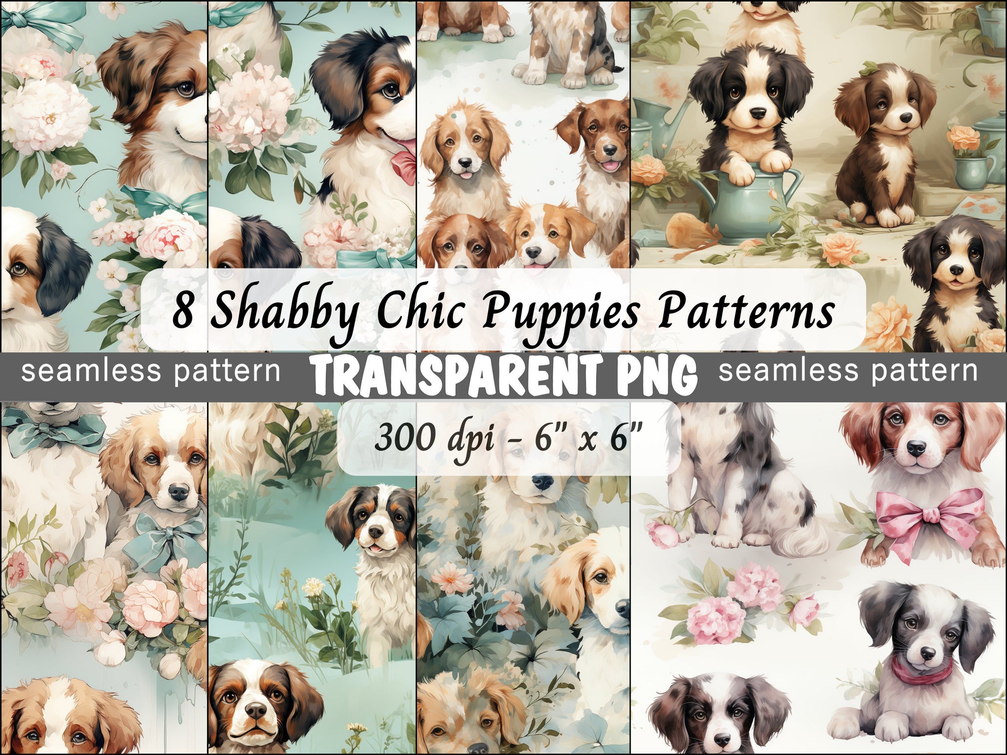 Puppy Seamless Patterns Digital Download PNG - Bundle of 8 - Shabby Chic Vintage Soft Watercolor Puppy Patterns - Commercial & Personal Use