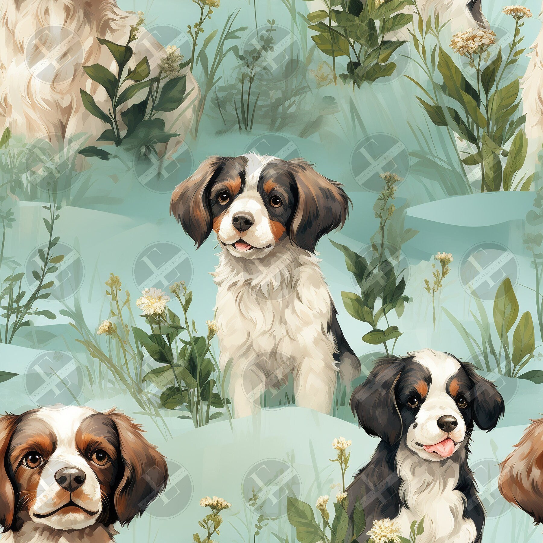 Puppy Seamless Patterns Digital Download PNG - Bundle of 8 - Shabby Chic Vintage Soft Watercolor Puppy Patterns - Commercial & Personal Use