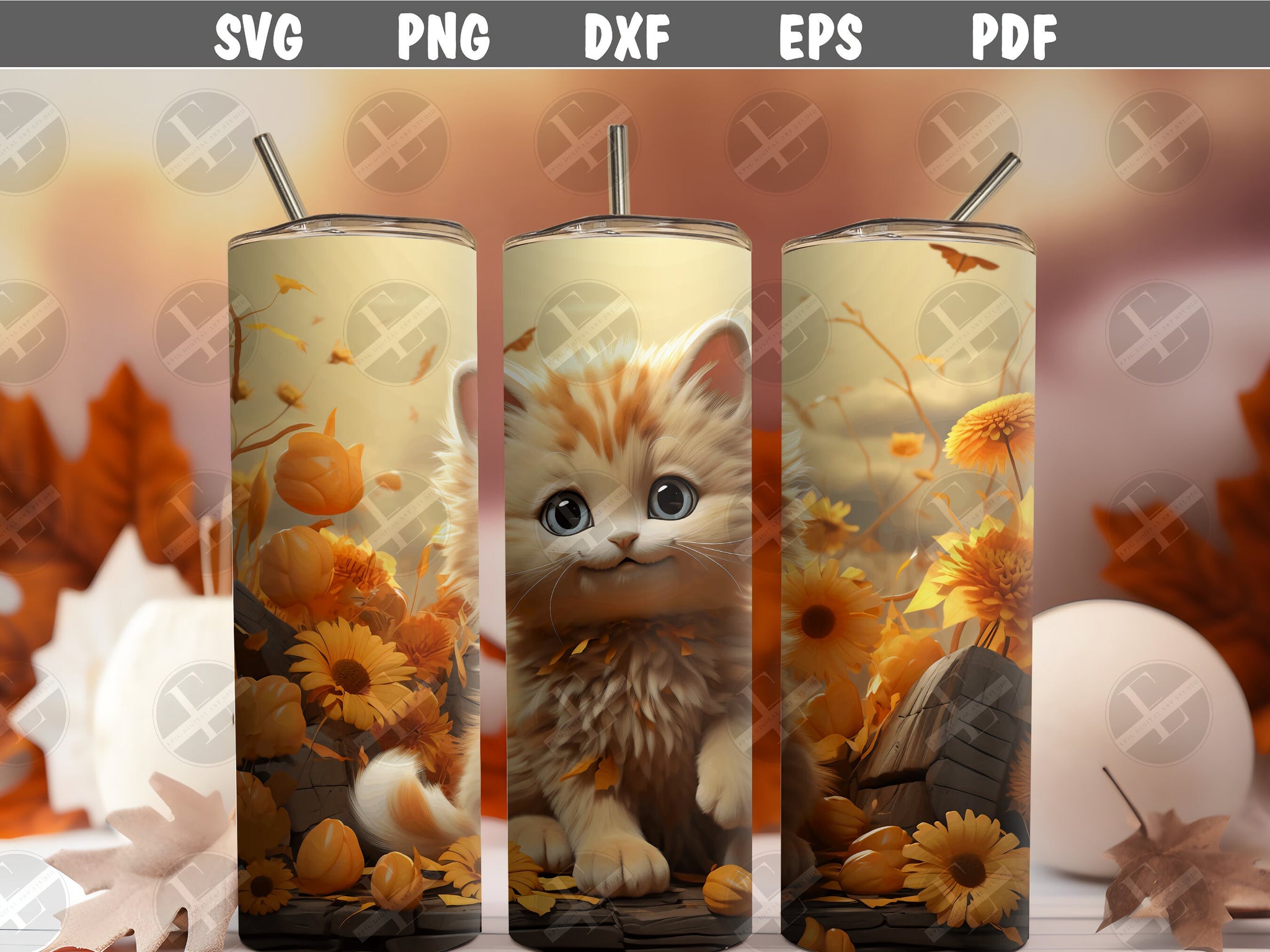 3D Tumbler Wraps - 3D Cat Sunflowers Skinny Tumbler Wrap Design - Ideal Tumbler Sublimation Designs Straight & Tapered - Instant Download