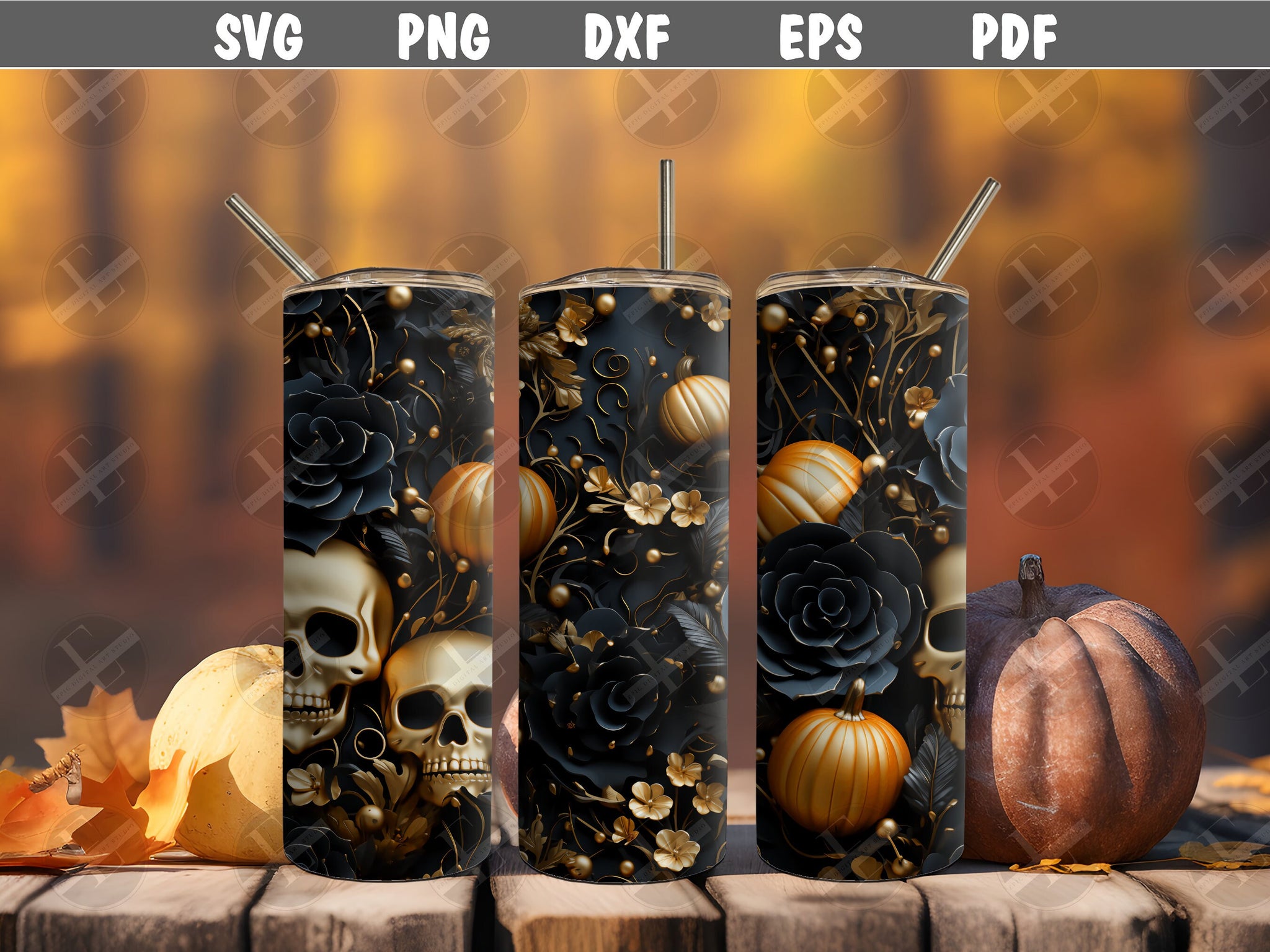 3D Halloween Gold Skinny Tumbler Wrap Design - 3D Tumbler Wraps - Ideal Tumbler Sublimation Designs Straight & Tapered - Instant Download