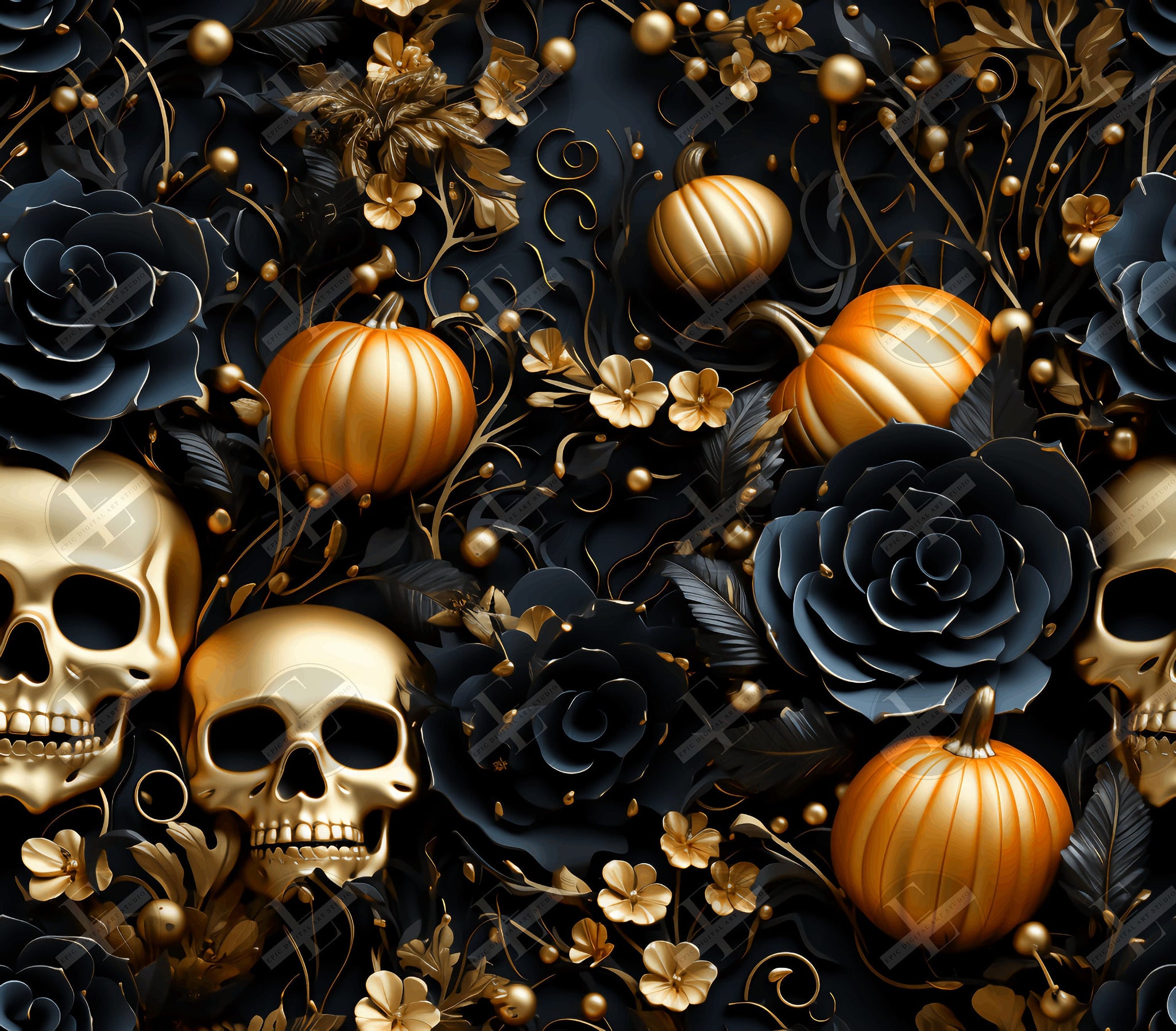 3D Halloween Gold Skulls Skinny Tumbler Wrap Design - 3D Tumbler Wraps - Tumbler Sublimation Designs Straight & Tapered - Instant Download
