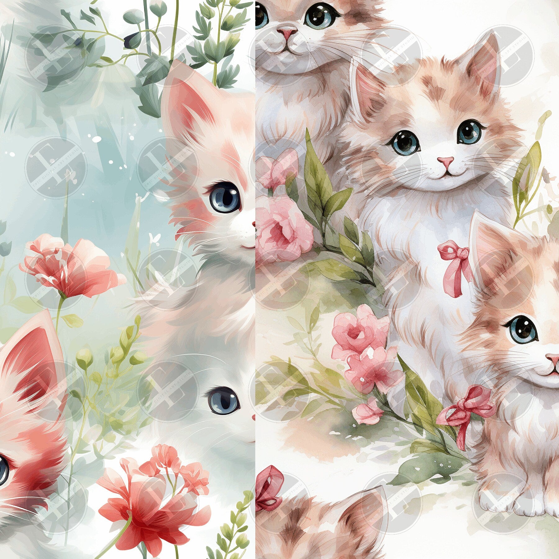 Cute Cat Seamless Patterns Digital Download PNG - Bundle of 16 - Shabby Chic Soft Watercolor Kittens Patterns - Commercial & Personal Use