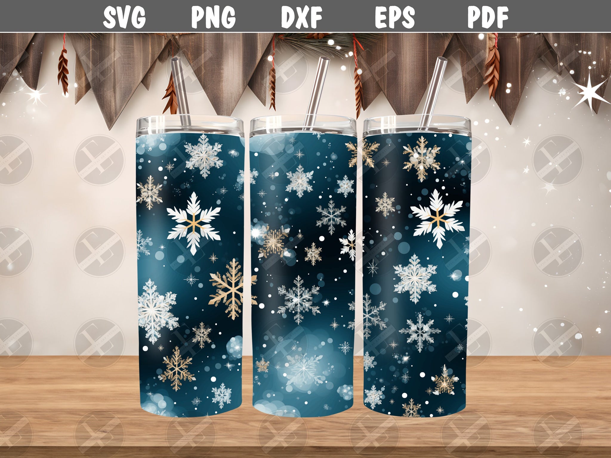 Christmas Tumbler Wraps - 3D Winter Snowflakes Skinny Tumbler Design - Tumbler Sublimation Designs Straight & Tapered - Instant Download