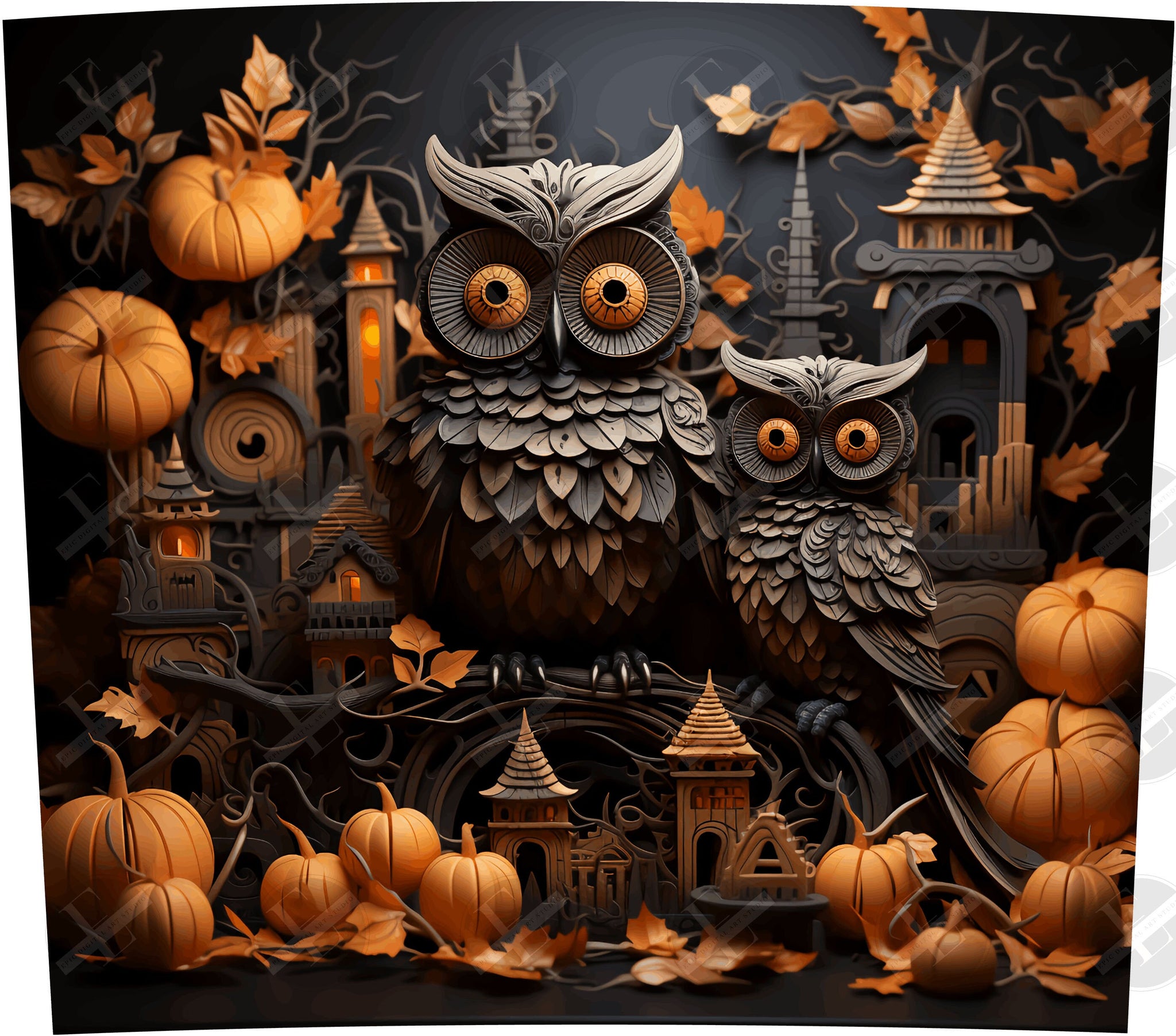 3D Tumbler Wraps - 3D Autumn Owl Scene Skinny Tumbler Wrap Design - Ideal Tumbler Sublimation Designs Straight & Tapered - Instant Download